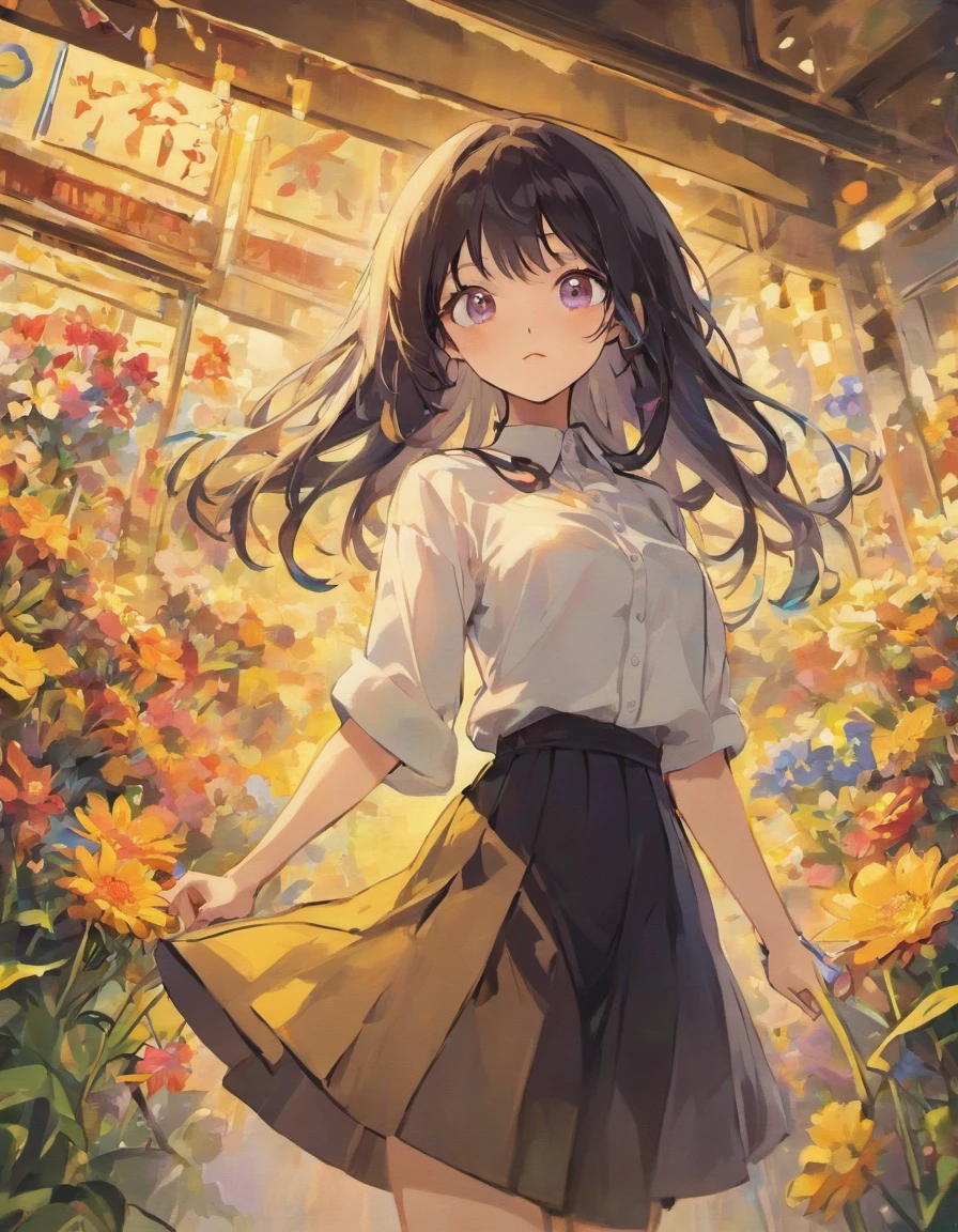 White Shirt Black Skirt Cute Dainty Many colorful flowers Very long hair Beautiful colored eyes Black hair Woman