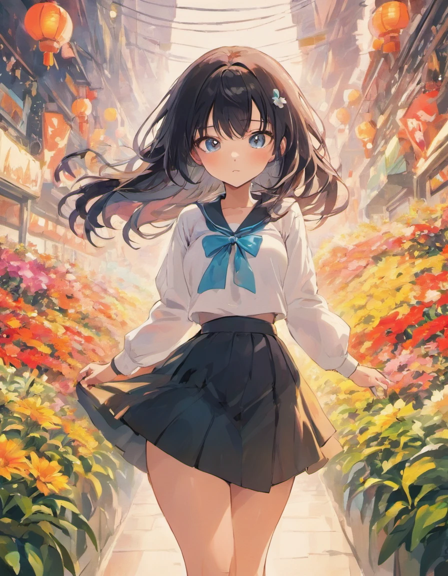 White Shirt Black Skirt Cute Dainty Many colorful flowers Very long hair Beautiful colored eyes Black hair Woman