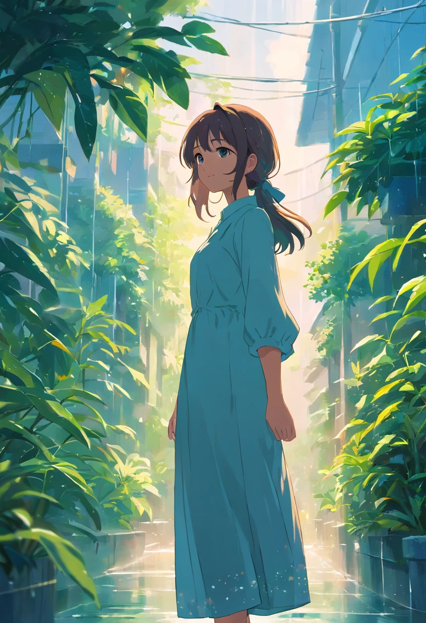 Sky after rain，lots of plants，Girl in long linen dress