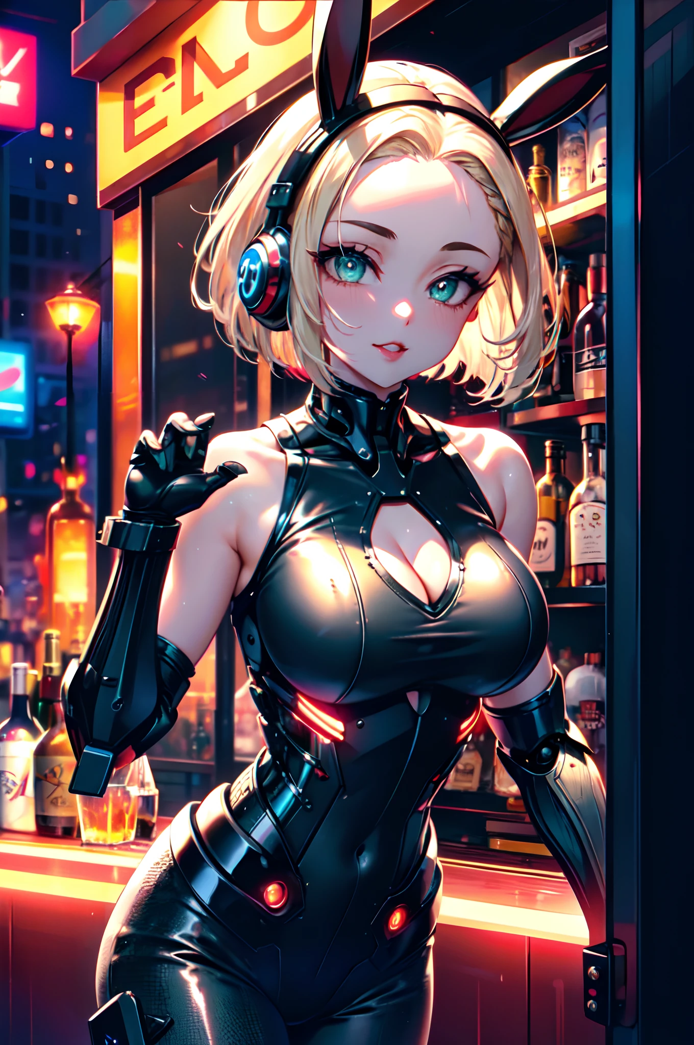 beautiful mechanical woman, solo, (half closed eyes, green eyes), (masterpiece eyes:1.3), BREAK, seductive smile, (mechanical skin:1.1), (exoskeleton leotard:1.3), (bare arms and shoulders:1.3), (cleavage, exposed groin), BREAK, (long eyelashes, red lips), bowtie, rabbit ear headphones, rabbit tail, wrist_cuffs, (blonde hair, bob cut), (forehead:1.3), BREAK, Flat_Chest, Huge_breasts, wide_lower back, (5fingers, 4fingers and 1thumb), BREAK, cyberpunk, (bar), bar counter and round chairs, wine, whiskey, bourbon, neon signboard, professional lighting, best quality, masterpiece, ultra detailed, captures a super cute moment, depth of field, ultra high resolution, fine details, 16k wallpaper,