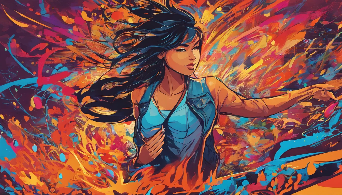 A girl standing in front of a colorful graffiti wall, vibrant and detailed graffiti designs covering the entire wall. The girl is wearing a stylish outfit with a leather jacket, skinny jeans, and high-top sneakers. She has beautifully styled hair and striking makeup, with bold colors on her eyes and lips. The graffiti wall depicts a Charizard blowing fire, with flames dancing around its ferocious-looking face. The flames have intricate details and a realistic fiery glow, creating a sense of movement and intensity. The overall image is of the highest quality, with every detail captured in stunning 4K resolution. The colors are vivid and vibrant, creating a dynamic and eye-catching visual effect. The lighting is dramatic and atmospheric, with a spotlight illuminating the girl and the graffiti wall, casting deep shadows that add depth and dimension to the scene.