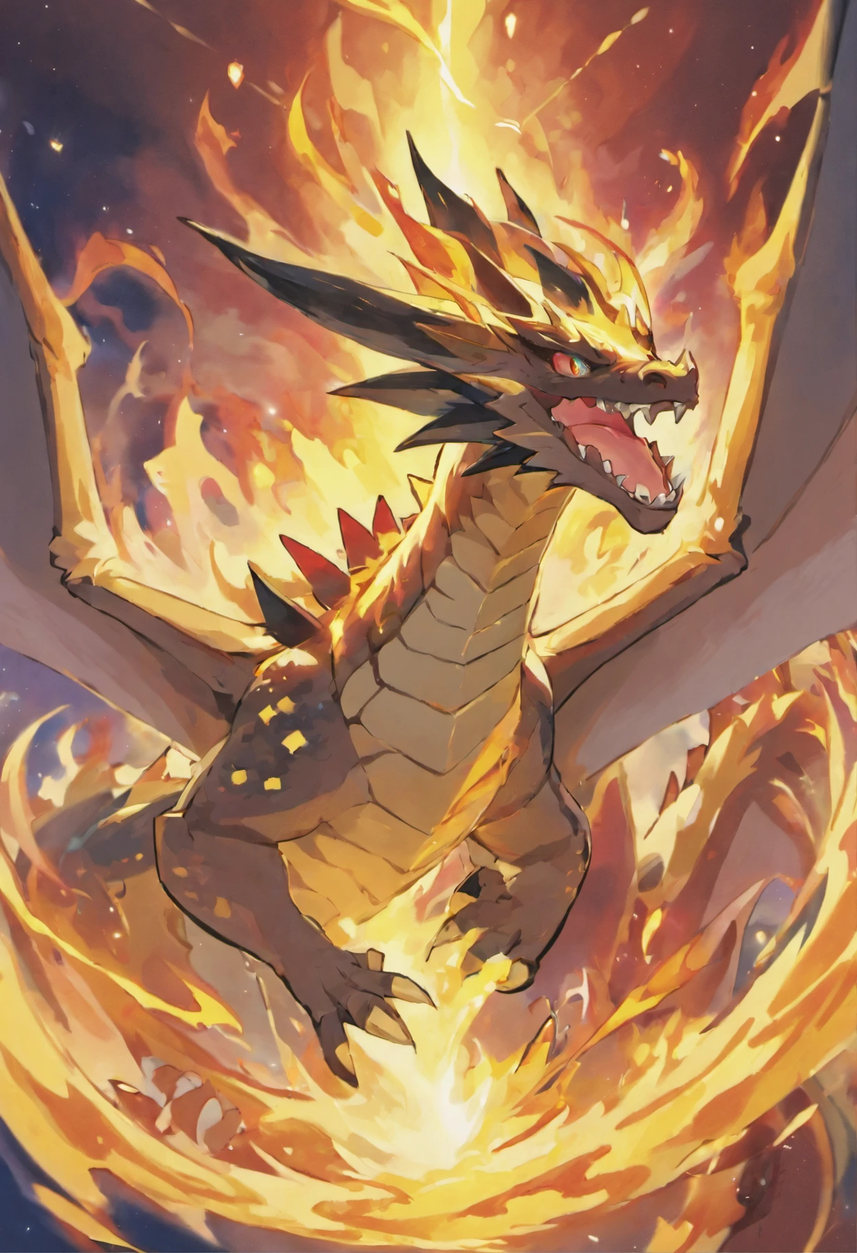 (Dragon celestial dorado) con (ojos penetrantes de color rojo),primer plano soltando (fuego de sangre) por la nariz,escamas bulumetricas,alta calidad,8k,muchos detalles,paticulas de fuego,alas,4patas,garraz manchadas,oro,peligro,fuego,dientes filosos,dragon gigante,colosal,amenazante,imponente,escamas azules