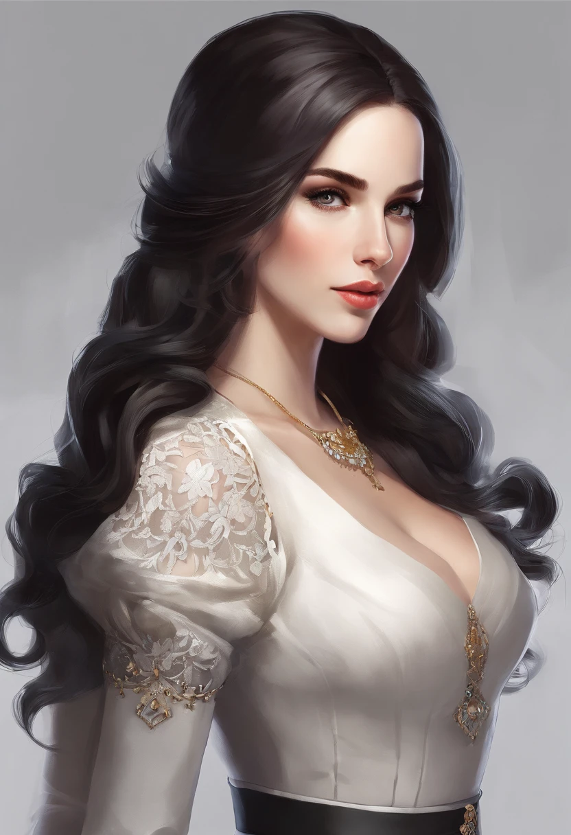 A Condessa, um personagem do jogo Paragon, She is a haughty and seductive looking woman. She has pale, Almost translucent skin, dando-lhe um ar misterioso. Her long dark hair comes down to her shoulders, destacando ainda mais seu olhar penetrante e expressivo. His delicate face has angular features and a well-defined jaw, Melhorar a sua personalidade forte e determinada. Her lips are thin, mas sempre pintado com um batom vermelho intenso, which contrasts with her pale skin.The countess has a curvilinear figure with an average height. Ela usa um elegante vestido preto, que se encaixa em seu corpo, destacando sua figura. O vestido tem detalhes de renda nas mangas e bordas inferiores, trazendo um toque de sensualidade para o seu look. She wears long gloves up to her elbows, also in black, that give a touch of mystery and elegance to your look. standingn, ela usa botas de salto alto, o que lhe confere uma postura ainda mais imponente