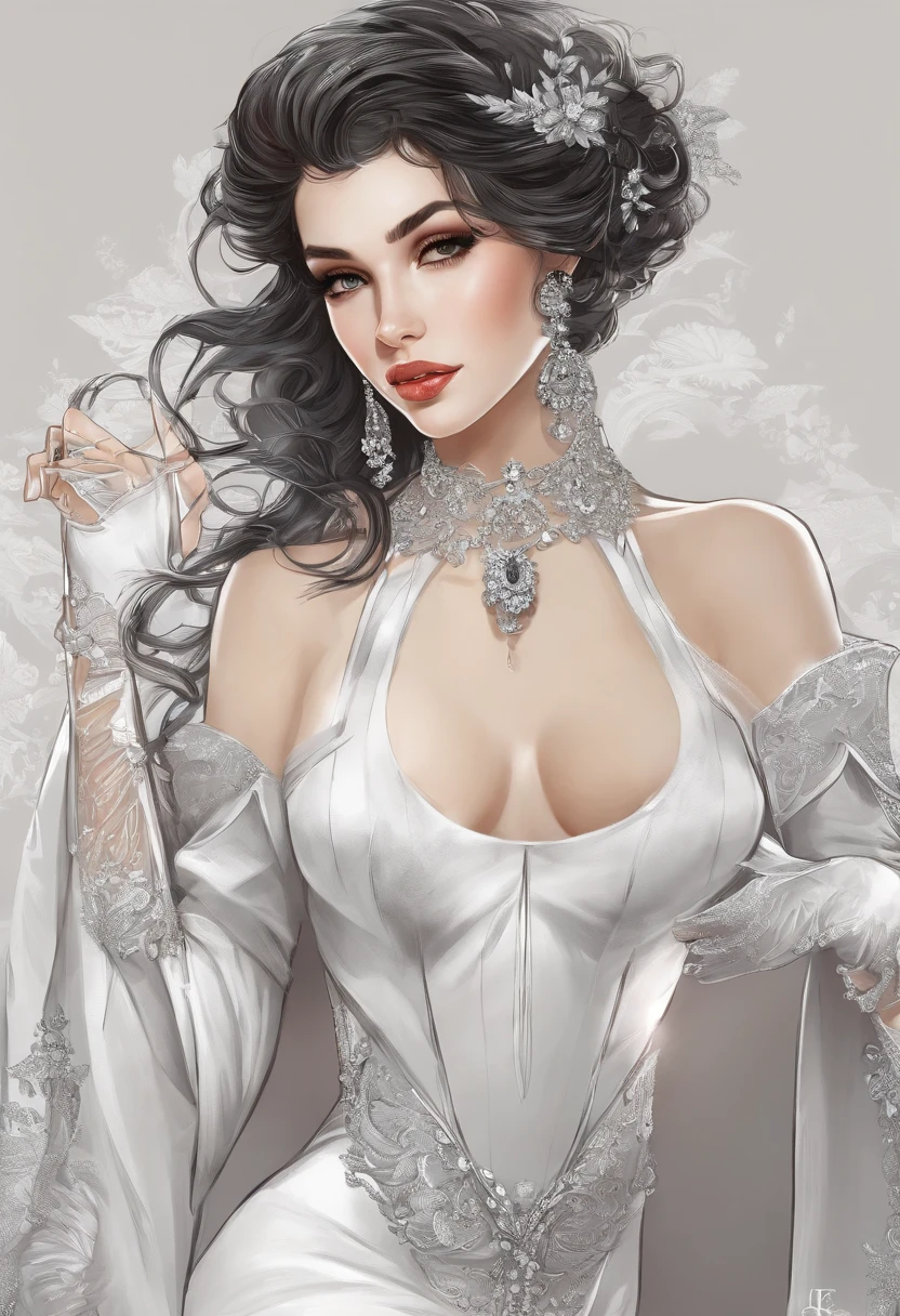 A Condessa, um personagem do jogo Paragon, She is a haughty and seductive looking woman. She has pale, Almost translucent skin, dando-lhe um ar misterioso. Her long dark hair comes down to her shoulders, destacando ainda mais seu olhar penetrante e expressivo. His delicate face has angular features and a well-defined jaw, Melhorar a sua personalidade forte e determinada. Her lips are thin, mas sempre pintado com um batom vermelho intenso, which contrasts with her pale skin.The countess has a curvilinear figure with an average height. Ela usa um elegante vestido preto, que se encaixa em seu corpo, destacando sua figura. O vestido tem detalhes de renda nas mangas e bordas inferiores, trazendo um toque de sensualidade para o seu look. She wears long gloves up to her elbows, also in black, that give a touch of mystery and elegance to your look. standingn, ela usa botas de salto alto, o que lhe confere uma postura ainda mais imponente