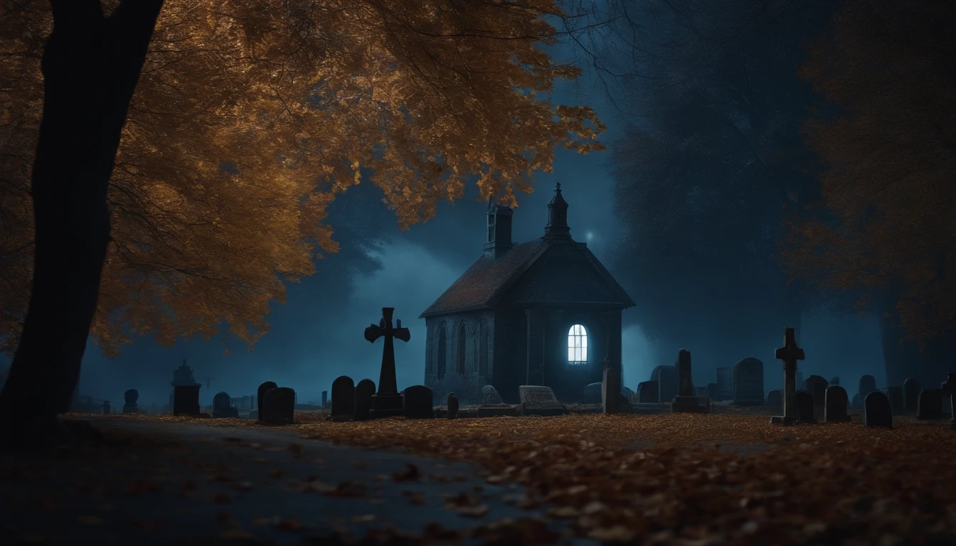 realistic, spooky graveyard, blue moonlight , autumn, old trees, paths, old buildings