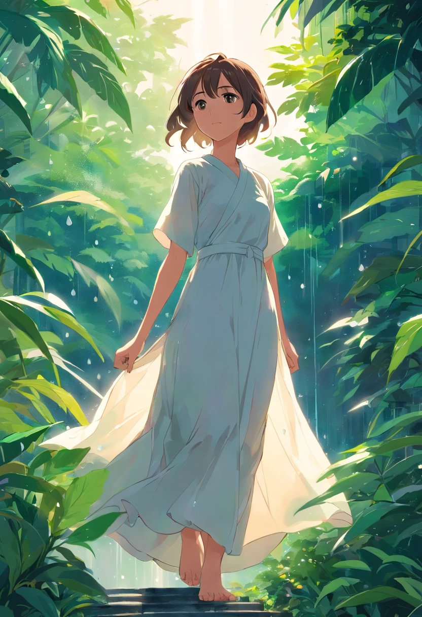 Sky after rain，lots of plants，Girl in linen white long dress