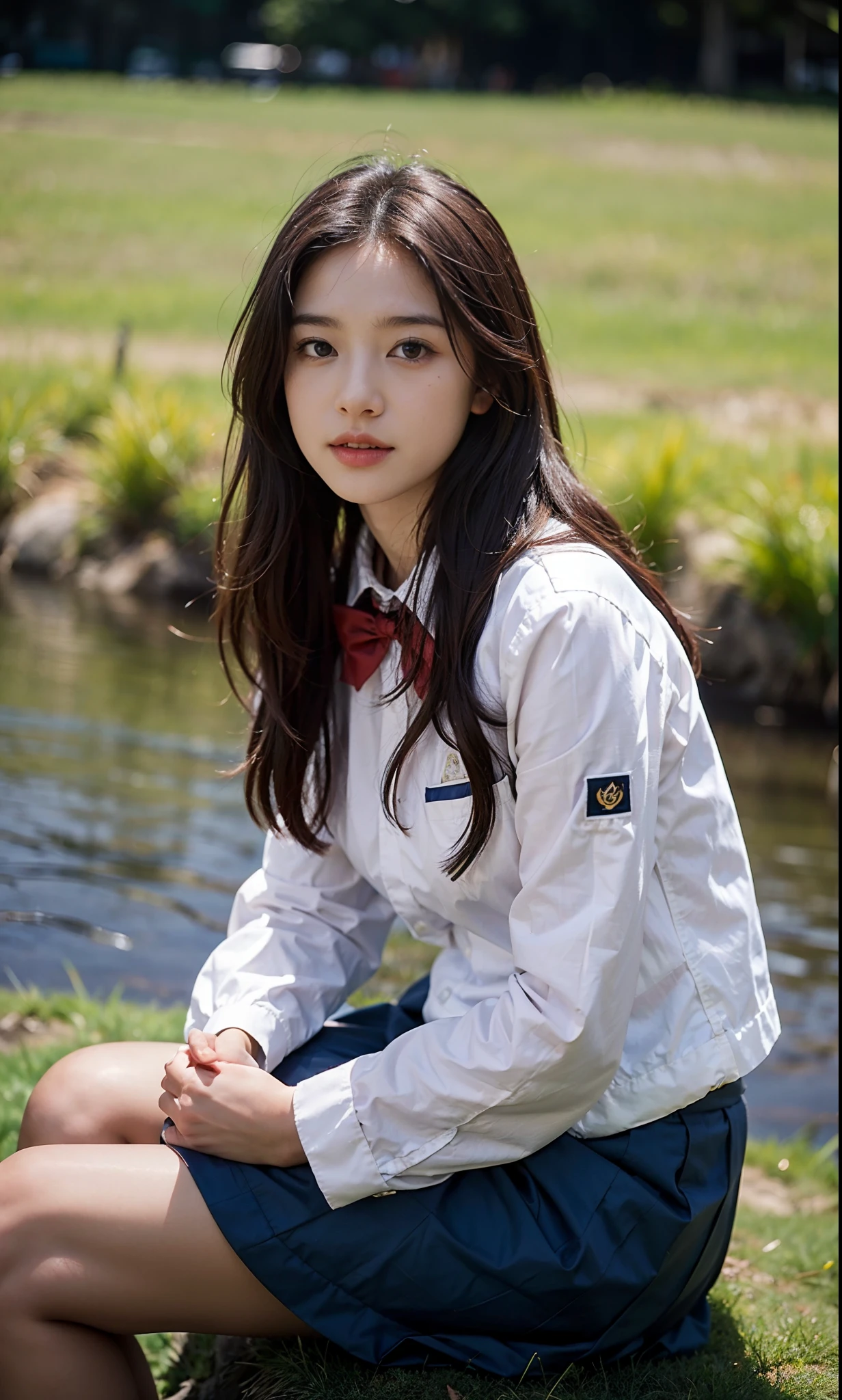ulzang-6500-v1.1, (RAW photo:1.2), (Photorealistic:1.4), Beautiful detailed girl, Very detailed eyes and face, Beautiful detailed eyes, ridiculous, Incredibly Ridiculous res, hugefilesize, Super detailed, high resolution, Very detailed, Best quality, Masterpiece, kemomimi, ((Japanes girl' high school uniform)), illustration, Very detailed, CG, unified, 8K wallpaper, Amazing, Fine details, Masterpiece, Best quality, Very detailed CG uniform 8k wallpaper, light in face, 1girll, 16 years old, Girl sitting on the grass by the river,Flowing river,grassy fields