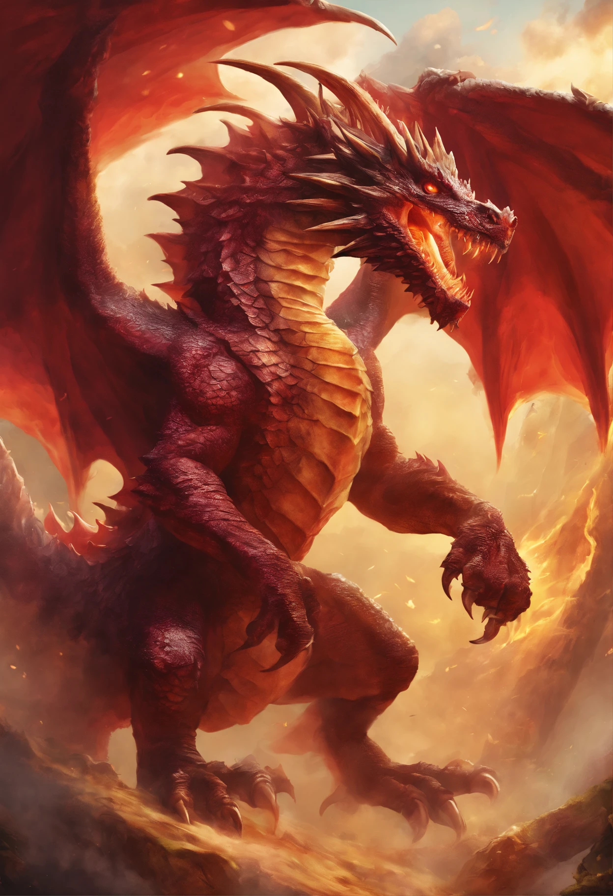(Dragon celestial dorado) con (ojos penetrantes de color rojo),primer plano soltando (fuego de sangre) por la nariz,escamas bulumetricas,alta calidad,8k,muchos detalles,paticulas de fuego,alas,4patas,garraz manchadas,oro,peligro,fuego,dientes filosos,dragon gigante,colosal,amenazante,imponente,escamas azules