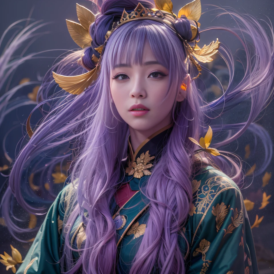 32K(tmasterpiece,k hd,hyper HD,32K)Long flowing bright purple hair,Autumn Pond,zydink, a color, Asian people (Kizi), (Red scarf), Combat posture, looking at the ground, long whitr hair, Floating bright purple, Fire cloud pattern gold tiara, Chinese long-sleeved gold silk garment, (abstract ink splash:1.2), white backgrounid,Lotus protector(realisticlying:1.4),Bright purple hair,Smoke on the road,The background is pure, A high resolution, the detail, RAW photogr, Sharp Re, Nikon D850 Film Stock Photo by Jefferies Lee 4 Kodak Portra 400 Camera F1.6 shots, Rich colors, ultra-realistic vivid textures, Dramatic lighting, Unreal Engine Art Station Trend, cinestir 800,Long flowing bright purple hair