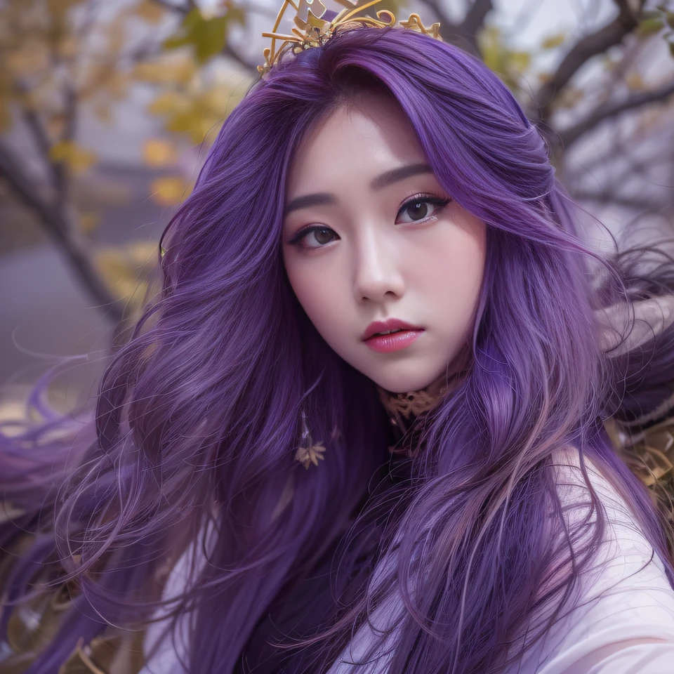 32K（tmasterpiece，k hd，hyper HD，32K）Long flowing bright purple hair，Autumn Pond，zydink， a color， Asian people （Kizi）， （Red scarf）， Combat posture， looking at the ground， long whitr hair， Floating bright purple， Fire cloud pattern gold tiara， Chinese long-sleeved gold silk garment， （abstract ink splash：1.2）， white backgrounid，Lotus protector（realisticlying：1.4），Bright purple hair，Smoke on the road，The background is pure， A high resolution， the detail， RAW photogr， Sharp Re， Nikon D850 Film Stock Photo by Jefferies Lee 4 Kodak Portra 400 Camera F1.6 shots, Rich colors, ultra-realistic vivid textures, Dramatic lighting, Unreal Engine Art Station Trend, cinestir 800，Long flowing bright purple hair