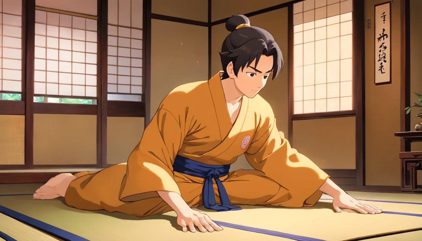A powerful image emerges as we dive into the world of tranquil strength and spirituality. In this serene scene, we witness a muscular man, with taut muscles rippling beneath his glistening skin, peacefully meditating on a tatami mat. His strong physique emanates a sense of discipline and dedication, while his closed eyes convey deep inner peace.
The ambiance of the setting is meticulously crafted, reflecting both the essence of Japanese art and the captivating allure of photography. The delicate play of light and shadow gracefully dances upon the tatami mat, casting an ethereal glow that accentuates the man's formidable presence. The room, adorned with traditional Japanese decor, emanates a subtle sense of Zen simplicity, evoking a feeling of serenity.
The skilful blend of painting and photography entwines in visual harmony, capturing the essence of this mesmerizing moment. Paintbrush strokes reminiscent of traditional Japanese ink paintings delicately trace the contours of the man's sculpted physique, imbuing the image with an ethereal charm. At the same time, the photograph captures the raw authenticity of the man's powerful form, as each defined muscle seems to come alive in vivid detail.
As we immerse ourselves further, we discover the rich blend of symbolism within this artwork. The meditation practice, expressed through the man's focused presence, represents the pursuit of inner peace and self-reflection. The tatami mat itself, a symbol of traditional Japanese living, symbolizes humility and grounding, juxtaposing the man's impressive physicality and inviting us to reflect on the harmonious balance between strength and tranquility.
In this captivating fusion of art styles, we witness the convergence of two worlds – the discipline of painting and the realism of photography – resulting in an awe-inspiring image that pulsates with spiritual energy. This artwork transcends the boundaries of medium and captivates us with its mesmerizing beauty, inviting contemp