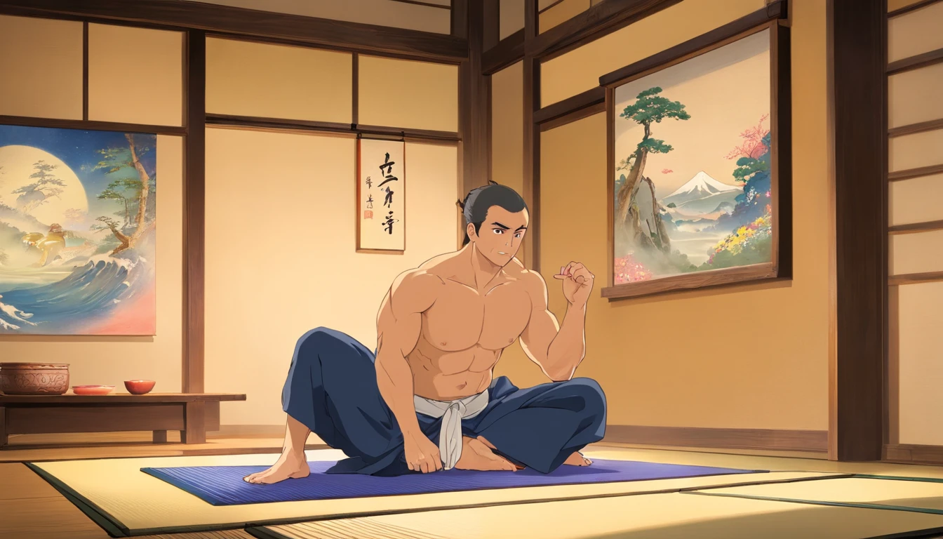 A powerful image emerges as we dive into the world of tranquil strength and spirituality. In this serene scene, we witness a muscular man, with taut muscles rippling beneath his glistening skin, peacefully meditating on a tatami mat. His strong physique emanates a sense of discipline and dedication, while his closed eyes convey deep inner peace.
The ambiance of the setting is meticulously crafted, reflecting both the essence of Japanese art and the captivating allure of photography. The delicate play of light and shadow gracefully dances upon the tatami mat, casting an ethereal glow that accentuates the man's formidable presence. The room, adorned with traditional Japanese decor, emanates a subtle sense of Zen simplicity, evoking a feeling of serenity.
The skilful blend of painting and photography entwines in visual harmony, capturing the essence of this mesmerizing moment. Paintbrush strokes reminiscent of traditional Japanese ink paintings delicately trace the contours of the man's sculpted physique, imbuing the image with an ethereal charm. At the same time, the photograph captures the raw authenticity of the man's powerful form, as each defined muscle seems to come alive in vivid detail.
As we immerse ourselves further, we discover the rich blend of symbolism within this artwork. The meditation practice, expressed through the man's focused presence, represents the pursuit of inner peace and self-reflection. The tatami mat itself, a symbol of traditional Japanese living, symbolizes humility and grounding, juxtaposing the man's impressive physicality and inviting us to reflect on the harmonious balance between strength and tranquility.
In this captivating fusion of art styles, we witness the convergence of two worlds – the discipline of painting and the realism of photography – resulting in an awe-inspiring image that pulsates with spiritual energy. This artwork transcends the boundaries of medium and captivates us with its mesmerizing beauty, inviting contemp