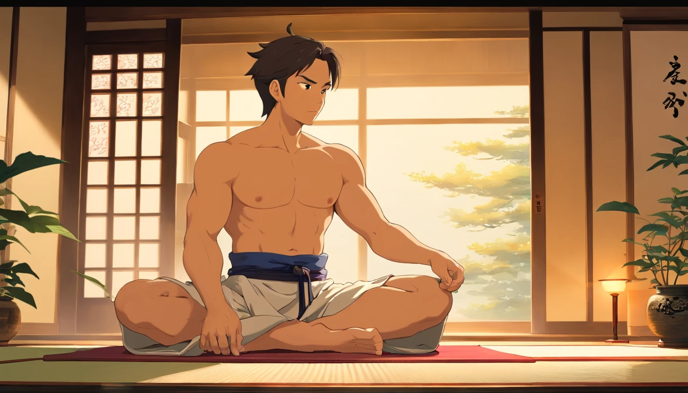 A powerful image emerges as we dive into the world of tranquil strength and spirituality. In this serene scene, we witness a muscular man, with taut muscles rippling beneath his glistening skin, peacefully meditating on a tatami mat. His strong physique emanates a sense of discipline and dedication, while his closed eyes convey deep inner peace.

The ambiance of the setting is meticulously crafted, reflecting both the essence of Japanese art and the captivating allure of photography. The delicate play of light and shadow gracefully dances upon the tatami mat, casting an ethereal glow that accentuates the man's formidable presence. The room, adorned with traditional Japanese decor, emanates a subtle sense of Zen simplicity, evoking a feeling of serenity.

The skilful blend of painting and photography entwines in visual harmony, capturing the essence of this mesmerizing moment. Paintbrush strokes reminiscent of traditional Japanese ink paintings delicately trace the contours of the man's sculpted physique, imbuing the image with an ethereal charm. At the same time, the photograph captures the raw authenticity of the man's powerful form, as each defined muscle seems to come alive in vivid detail.

As we immerse ourselves further, we discover the rich blend of symbolism within this artwork. The meditation practice, expressed through the man's focused presence, represents the pursuit of inner peace and self-reflection. The tatami mat itself, a symbol of traditional Japanese living, symbolizes humility and grounding, juxtaposing the man's impressive physicality and inviting us to reflect on the harmonious balance between strength and tranquility.

In this captivating fusion of art styles, we witness the convergence of two worlds – the discipline of painting and the realism of photography – resulting in an awe-inspiring image that pulsates with spiritual energy. This artwork transcends the boundaries of medium and captivates us with its mesmerizing beauty, inviting contemp