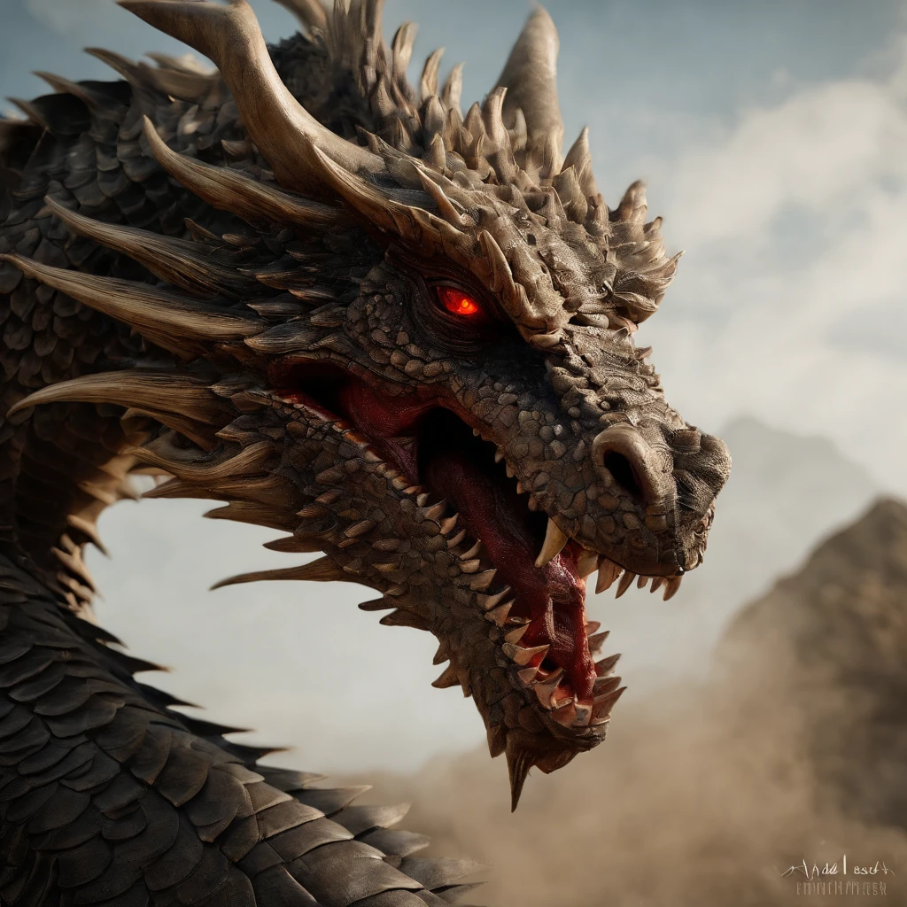 Tenryu Dourado，Rough red eyes,Close-up release of fire blood from the nose,Chest scales,alta qualidade,8k,muitos detalhes,Alface de fogo,Infelizmente,4 pernas,Garras manchadas,Ouro,Perigos,fires,dentes pontiagudos,big dragon,imensidade,Threatening,imponente