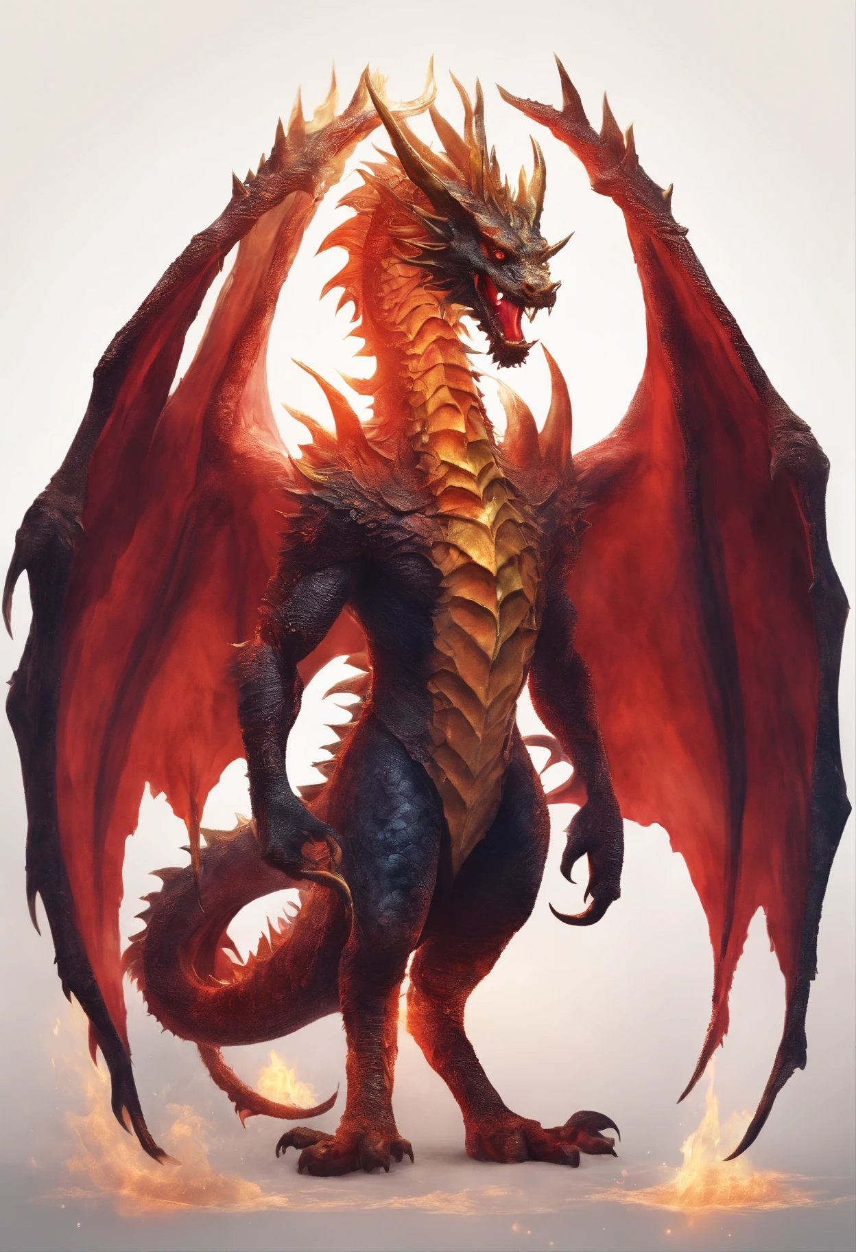 (Dragon celestial dorado) con (ojos penetrantes de color rojo),primer plano soltando (fuego de sangre) por la nariz,escamas bulumetricas,alta calidad,8k,muchos detalles,paticulas de fuego,alas,4patas,garraz manchadas,oro,peligro,fuego,dientes filosos,dragon gigante,colosal,amenazante,imponente,escamas azules
