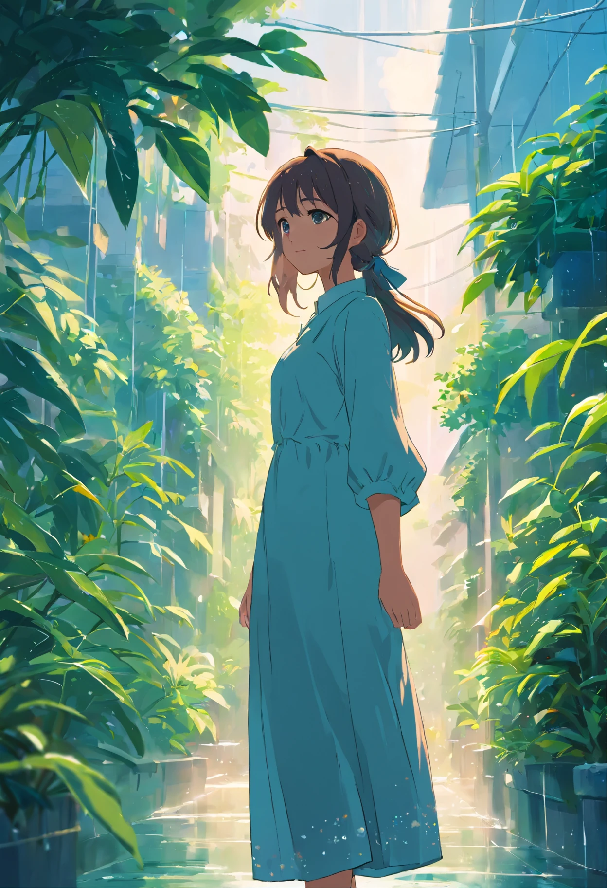 Sky after rain，lots of plants，Girl in long linen dress