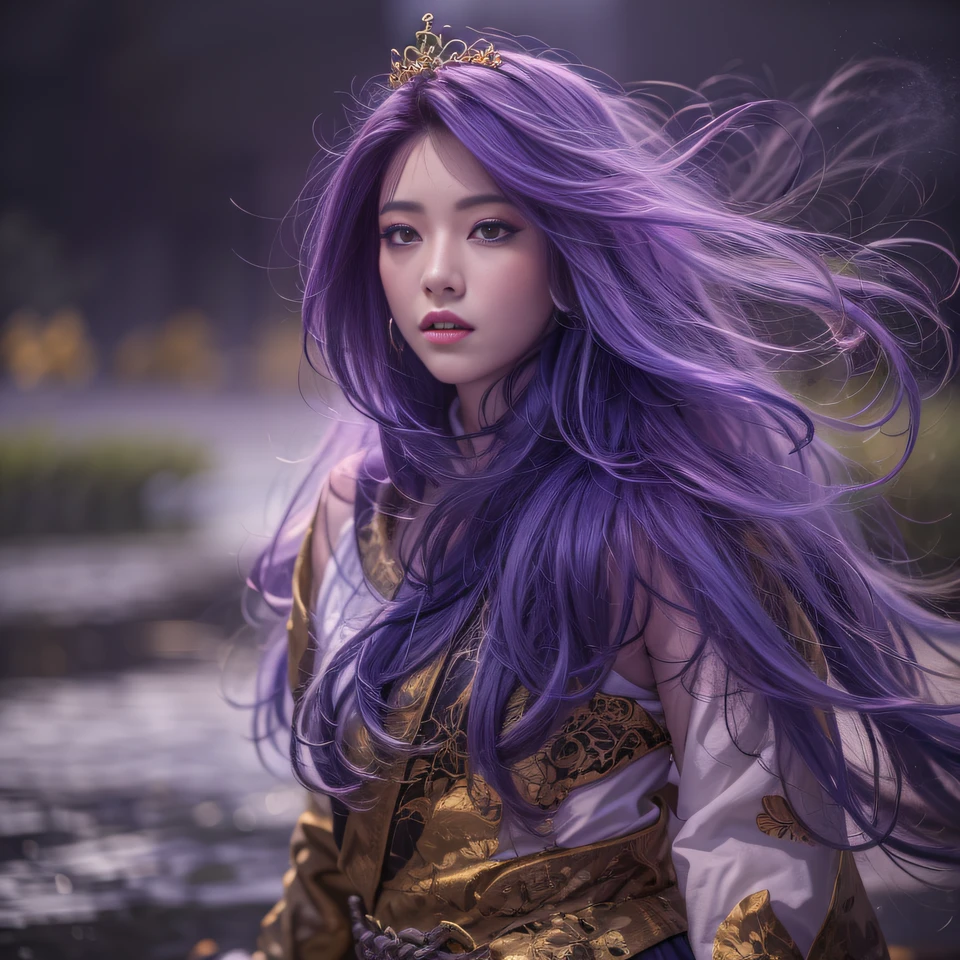 32K（tmasterpiece，k hd，hyper HD，32K）Long flowing bright purple hair，Autumn Pond，zydink， a color， Asian people （Kizi）， （Red scarf）， Combat posture， looking at the ground， long whitr hair， Floating bright purple， Fire cloud pattern gold tiara， Chinese long-sleeved gold silk garment， （abstract ink splash：1.2）， white backgrounid，Lotus protector（realisticlying：1.4），Bright purple hair，Smoke on the road，The background is pure， A high resolution， the detail， RAW photogr， Sharp Re， Nikon D850 Film Stock Photo by Jefferies Lee 4 Kodak Portra 400 Camera F1.6 shots, Rich colors, ultra-realistic vivid textures, Dramatic lighting, Unreal Engine Art Station Trend, cinestir 800，Long flowing bright purple hair