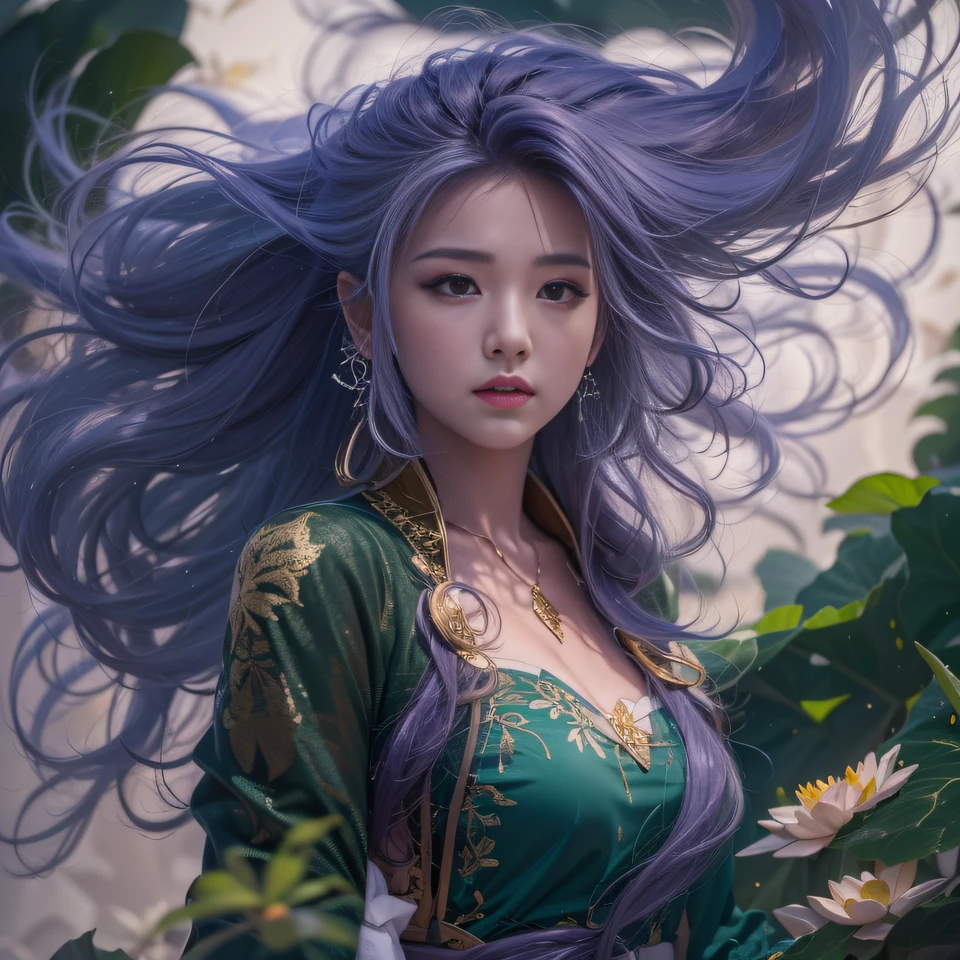 32K(tmasterpiece,k hd,hyper HD,32K)Long flowing bright purple hair,Autumn Pond,zydink, a color, Asian people (Kizi), (Red scarf), Combat posture, looking at the ground, long whitr hair, Floating bright purple, Fire cloud pattern gold tiara, Chinese long-sleeved gold silk garment, (abstract ink splash:1.2), white backgrounid,Lotus protector(realisticlying:1.4),Bright purple hair,Smoke on the road,The background is pure, A high resolution, the detail, RAW photogr, Sharp Re, Nikon D850 Film Stock Photo by Jefferies Lee 4 Kodak Portra 400 Camera F1.6 shots, Rich colors, ultra-realistic vivid textures, Dramatic lighting, Unreal Engine Art Station Trend, cinestir 800,Long flowing bright purple hair