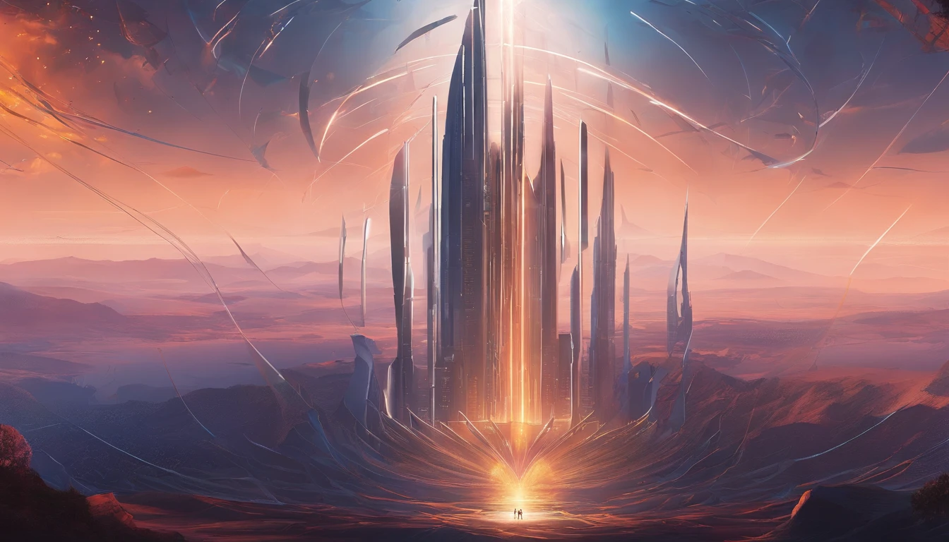 Stuart Lippincott style，God Online，in awe，Light，The sacred world，Huge futuristic statues floating around，Skysky，Awe-inspiring and peaceful，Detailed composition，Subtle geometric elements，refuge，Fresh and soft atmosphere，amber hues，Huge statue surrounded by villains，Fluid，Powerful，Small size，Yuri Shudov style，Philip McKay style，Works of masters，超詳細，HighestQuali，8K