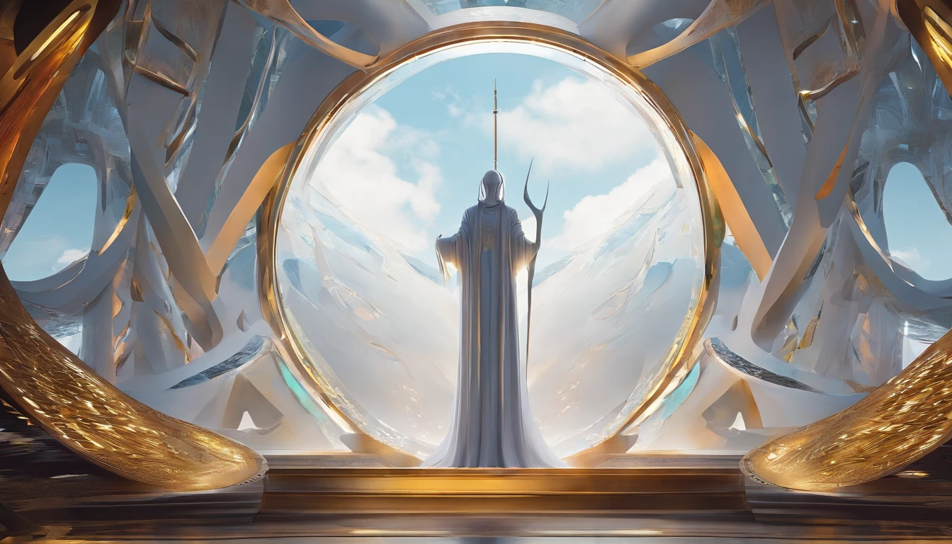 Stuart Lippincott style，God Online，in awe，Light，The sacred world，Huge futuristic statues floating around，Skysky，Awe-inspiring and peaceful，Detailed composition，Subtle geometric elements，refuge，Fresh and soft atmosphere，amber hues，Huge statue surrounded by villains，Fluid，Powerful，Small size，Yuri Shudov style，Philip McKay style，Works of masters，超詳細，HighestQuali，8K