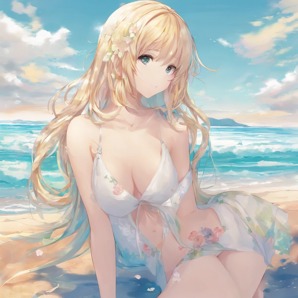 ((Best Quality)), (ultra-detailliert), ((Extremely detailed)), (Beautiful), ((Kawaii Girl)),(two side up hair)、((masutepiece)),Platinum Blonde Hair,Long hair, hair between eye, Wavy Hair, Long sideburns,Jade-colored eyes, White skin,Normal Chest,Slender body,Cross Halter Bikini,Sandals,Sitting,in beach,Look Camera,One Woman,Anime