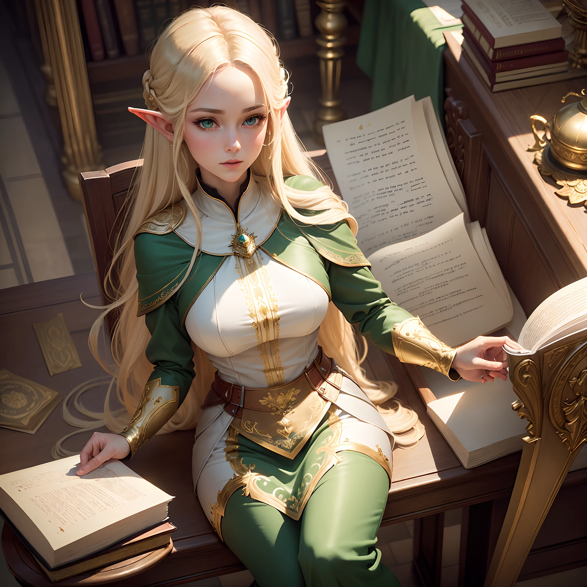 (((Masterpiece, highest quality, high definition, high detail)))), one, ((fantasy)))), (elf woman)))), (white pencil skirt with gold embroidery), (blonde long straight hair), (glossy dark green eyes), (green surcoat with gold embroidery), big breasts, (((National Library of the royal capital)), (A large space with a lot of books)), sit in a chair and read a book , Particles of light flying