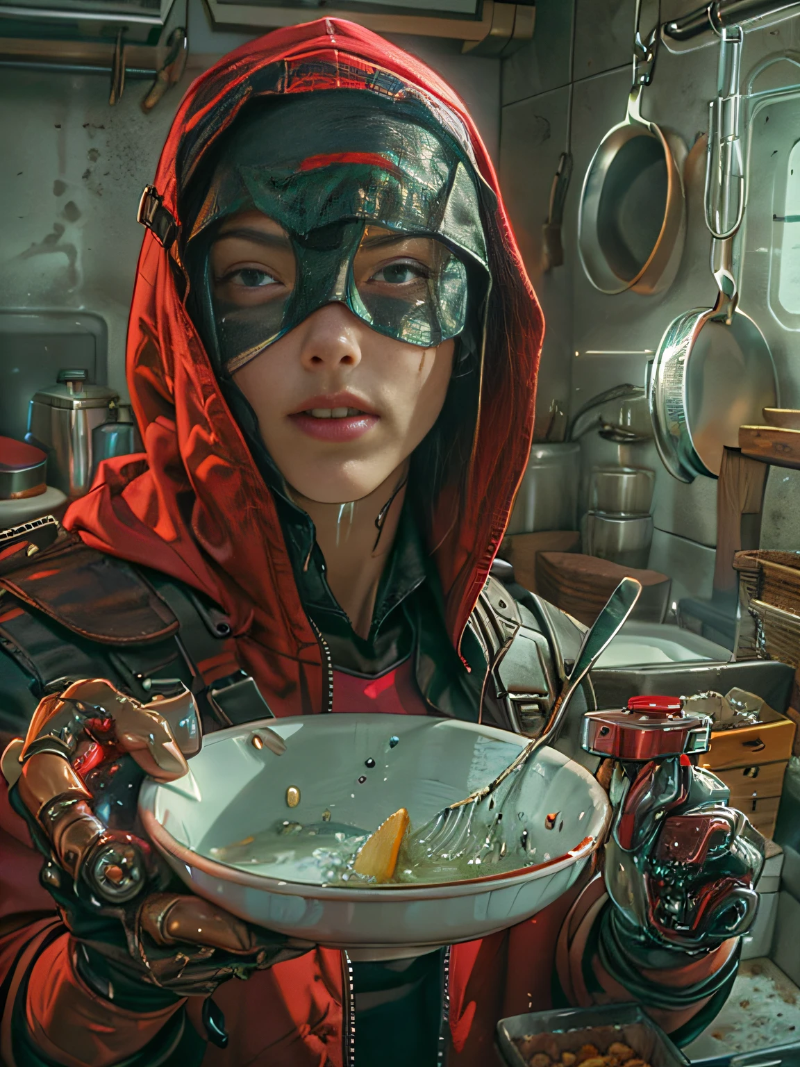 Male Superhero Red Arrow, vestindo toda a roupa vermelha e avental vermelho, WEARING RED HOOD COVERING HEAD, SFW, WASHING DISHES IN THE KITCHEN, sem detalhes, Corpo Perfeito, rosto perfeito, mostrando seu rosto perfeito, OLD AGE, BARBA BRANCA (Qualidade Superior 、8k、32k、master part、NFFSW:1.3)、(Ultra-high definition)、(fotorrealista:1.4)、Fotografia RAW,olhos perfeitos,Figura encantadora perfeita,actionpose:1.2,Moda cyberpunk detalhada、mundo cyberpunk, profundidade de campos, Fundo desfocado,、