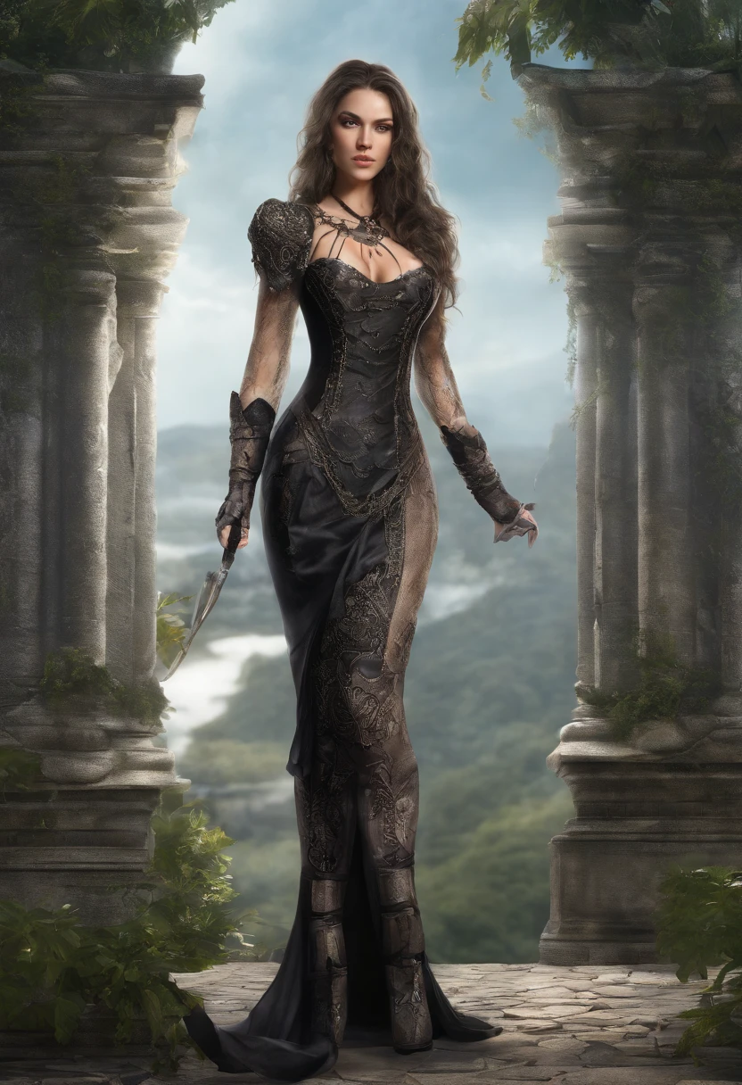A Condessa, um personagem do jogo Paragon, She is a haughty and seductive looking woman. She has pale, Almost translucent skin, dando-lhe um ar misterioso. Her long dark hair comes down to her shoulders, destacando ainda mais seu olhar penetrante e expressivo. His delicate face has angular features and a well-defined jaw, Melhorar a sua personalidade forte e determinada. Her lips are thin, mas sempre pintado com um batom vermelho intenso, which contrasts with her pale skin.The countess has a curvilinear figure with an average height. Ela usa um elegante vestido preto, que se encaixa em seu corpo, destacando sua figura. O vestido tem detalhes de renda nas mangas e bordas inferiores, trazendo um toque de sensualidade para o seu look. She wears long gloves up to her elbows, also in black, that give a touch of mystery and elegance to your look. standingn, ela usa botas de salto alto, o que lhe confere uma postura ainda mais imponente