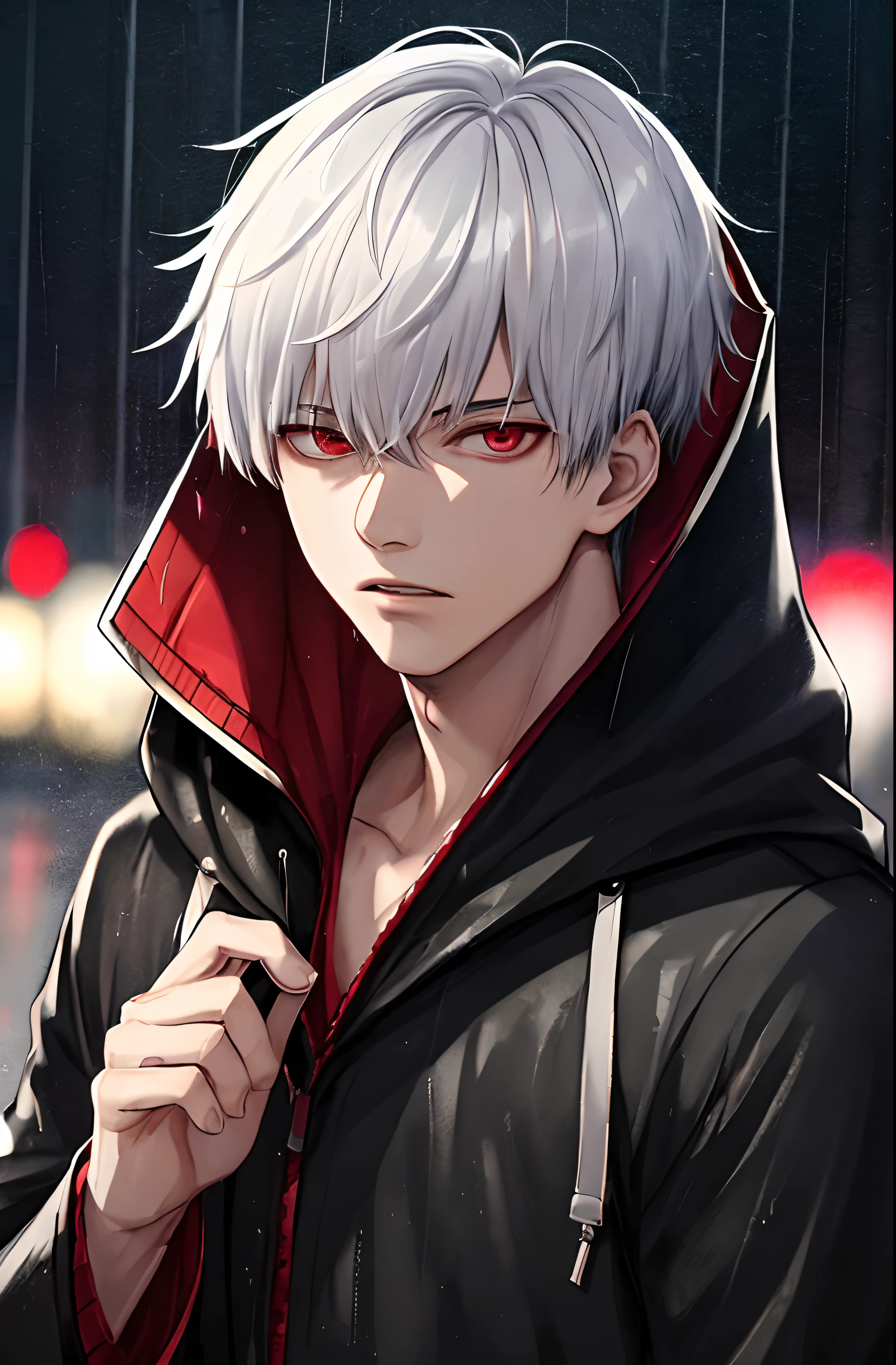 kk, best quality, more details, masterpiece, 1boy, kaneki ken, portrait, male focus, red eyes, solo, bangs, looking at viewer, hood, short hair, rain, tokyo tokyo \(city\),  hood up, nail polish, white hair, luxurious, 8k, detailed, ray tracing, depth of field, cinematic lighting,