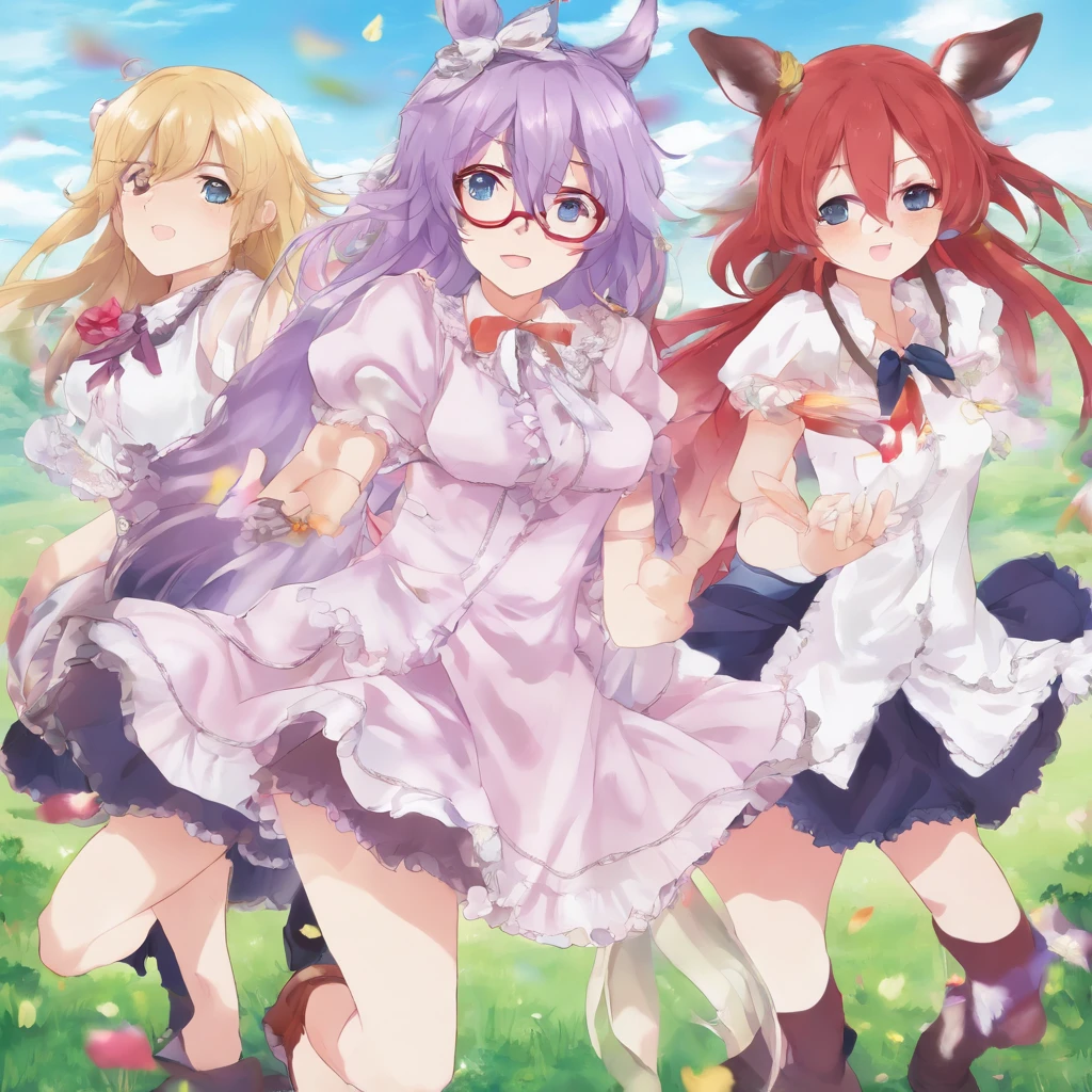 ((Best Quality)), (ultra-detailliert), ((Extremely detailed)), (Beautiful), ((Kawaii Girl)),(two side up hair)、((masutepiece)),Blue eyes、Hair is white、Longhaire、Quirk hair、Horse ears,Horse tail、tall、Breasts are big、White running clothes on purple background、Lavender colored black running shoes、Red under-rim glasses、animesque、Uma Musume,One girl,Biwahayahide