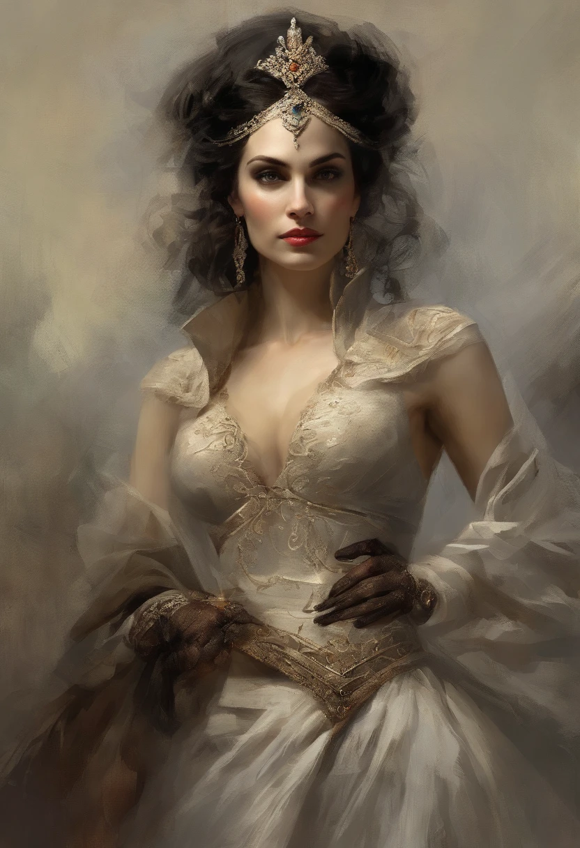 A Condessa, um personagem do jogo Paragon, She is a woman with a haughty and seductive appearance. She has pale, Almost translucent skin, dando-lhe um ar misterioso. Her long dark hair comes down to her shoulders, destacando ainda mais seu olhar penetrante e expressivo. His delicate face has angular features and a well-defined jaw, enhancing your strong and determined personality. Her lips are thin, mas sempre pintado com um batom vermelho intenso, which contrasts with her pale skin. Countess has a curvilinear figure with an average height. Ela usa um elegante vestido preto, que se encaixa em seu corpo, destacando sua figura. O vestido tem detalhes de renda nas mangas e bordas inferiores, trazendo um toque de sensualidade para o seu look. She wears long gloves up to her elbows, also in black, that add a touch of mystery and elegance to your look. standingn, ela usa botas de salto alto, which gives it an even more imposing posture