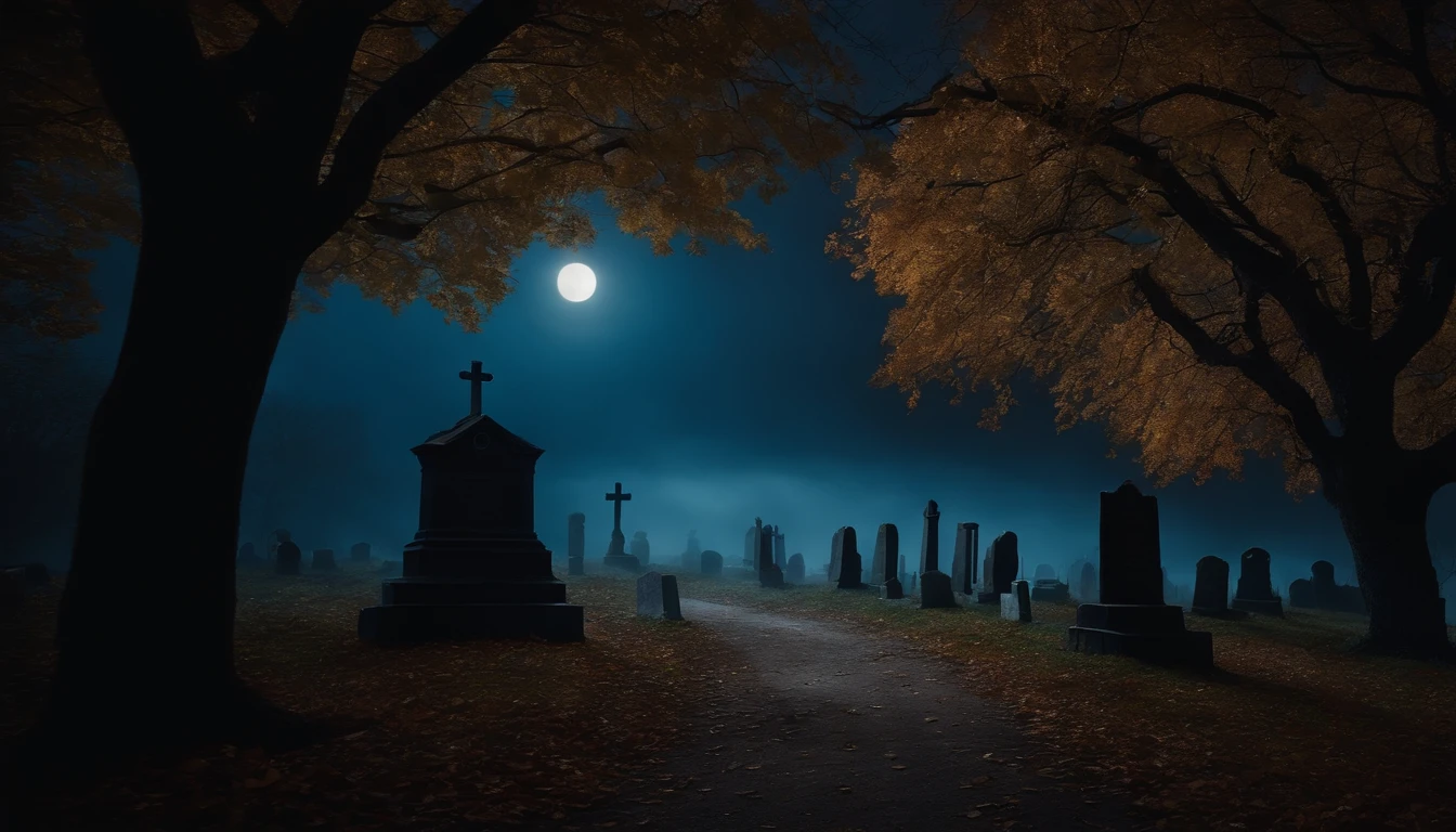 realistic, spooky graveyard, blue moonlight , autumn, old trees, paths, old buildings