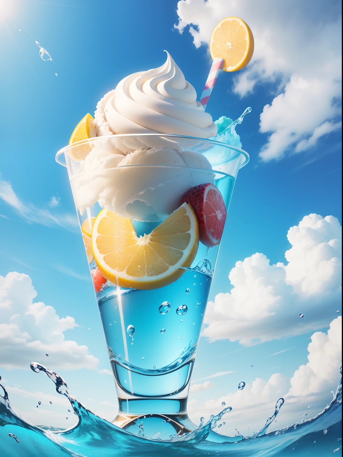 gogo，icecream，the fruits，ice cubes，Splashing water，with blue sky and white clouds