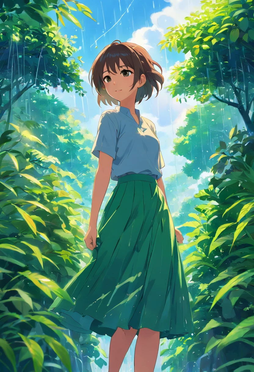 Sky after rain,lots of plants,Kizi,happy,long skirt