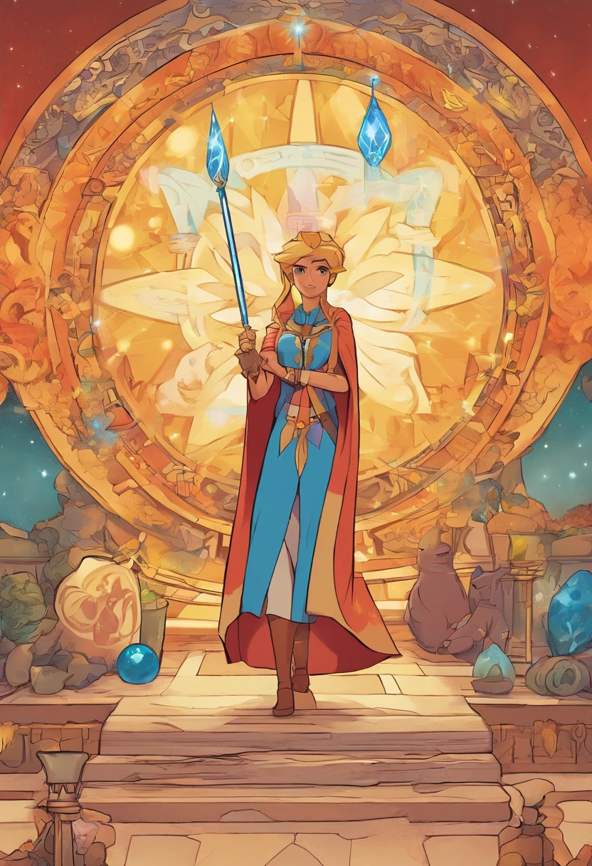 Crie uma pintura que interprete a carta do O Mago do Tarot, incorporating theme of 'Star vs. the Forces of Evil'. Na cena, Star Butterfly is portrayed as The Wizard, A powerful and wise figure of the magical world. She is standing before a magical altar at Mewni Castle, where different dimensions and realities converge.
In place of the four magical tools that represent the classic elements in The Magician's card, Star holds his four magic wands, cada uma representando um aspecto fundamental de sua magia: a varinha original, a varinha Rainha Solaria, a varinha de cristal e a varinha dimensional. Each of them emits a unique magical aura.
Ao redor de Star, There are the magical symbols that represent the four elements, mas com um toque especial: fogo, water, earth and air are represented by elements of the magical world of Mewni, como chamas coloridas, Stellar water, enchanted stones and magical winds.
Behind Star, There is a velvet curtain that opens to reveal a dimensional portal that connects it with other magical dimensions and realms. Dentro do portal, you can see surreal landscapes and magical creatures, representing the vastness of the series' universe.
Star is dressed in magical, sparkling costumes that reflect her role as the guardian of dimensions. His eyes are fixed on a floating magic orb in front of him, que irradia luz e conhecimento. She is surrounded by an aura of magical energy emanating from her, symbolizing his mastery over magic.
The painting conveys a sense of power, Wisdom and mastery over magical forces, while celebrating the magical universe of 'Star vs. the Forces of Evil' and Star's journey in discovering and honing his magical abilities. americanos, The comic is presented in several irregular panels with colors. The short-haired American cat struggles as it runs away from home and then reunites with its owner. The style is exaggerated and detailed
