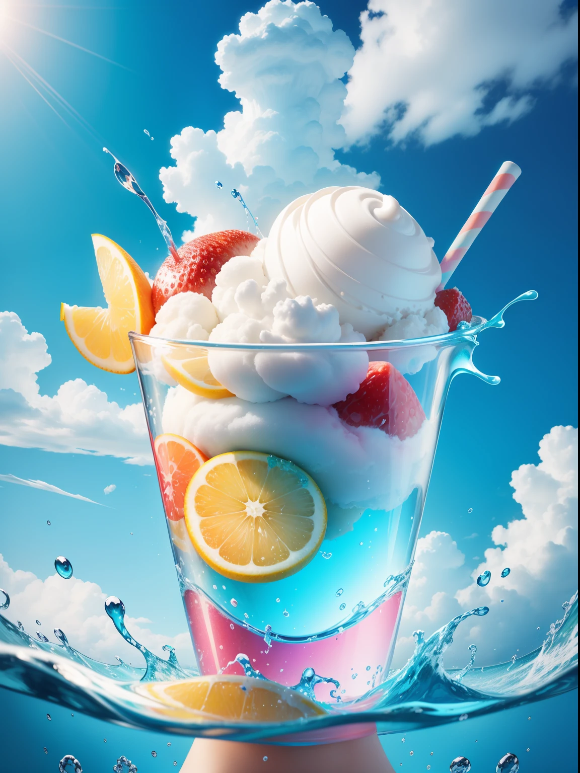 gogo,icecream,the fruits,ice cubes,Splashing water,with blue sky and white clouds