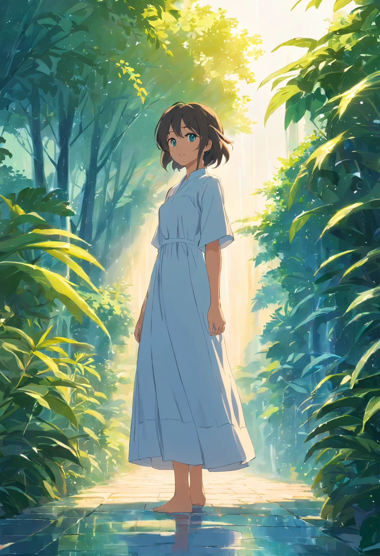 Sky after rain,lots of plants,Girl in linen white long dress