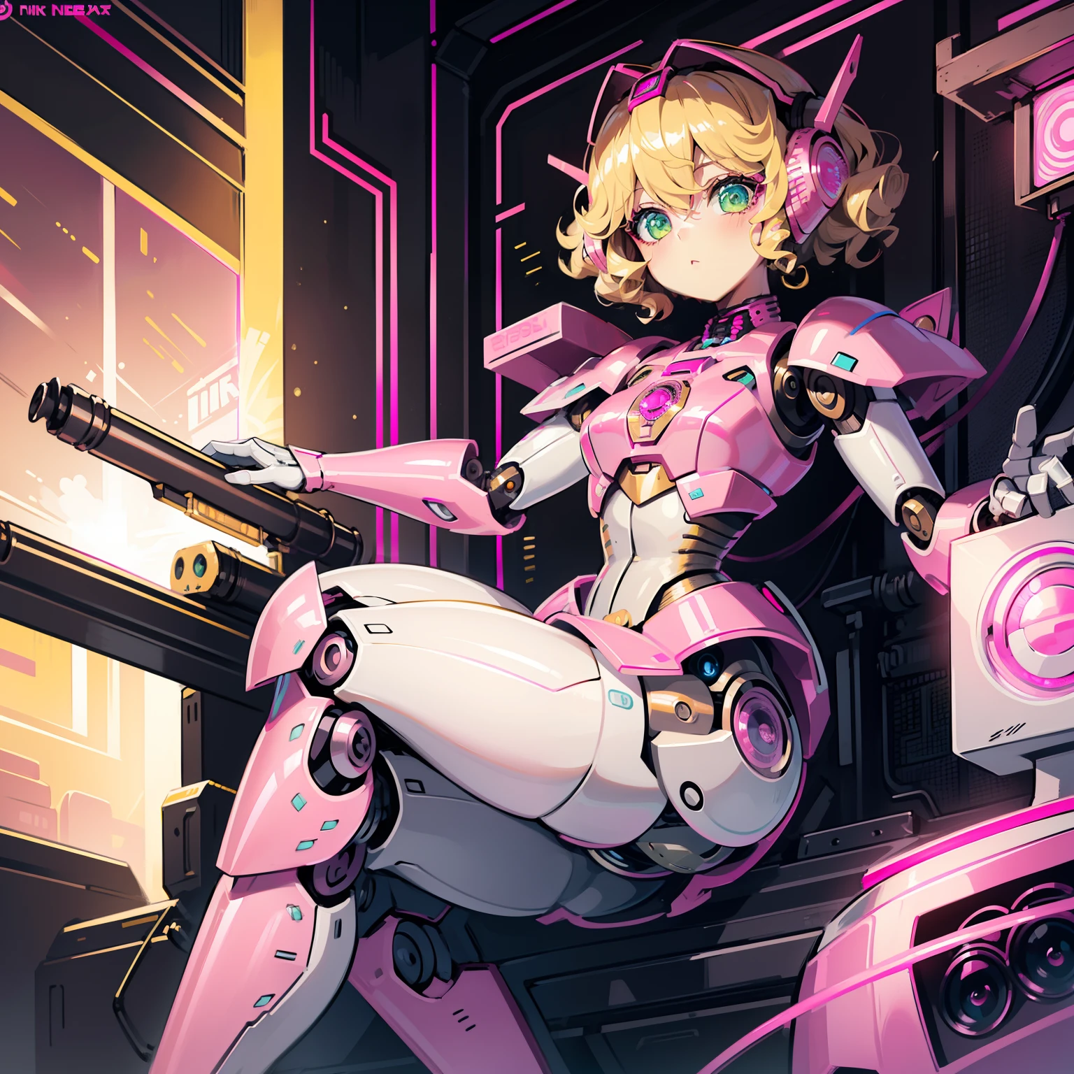 (masterpiece), best quality, expressive eyes, perfect face, blonde hair, curly hair, green eyes, robot, robot lady, robot features, female robot, solo, (pink metal:1.5), pink robot, small breasts, thick thighs, short hair, shy expression, metal face, robot face, hair over one eye