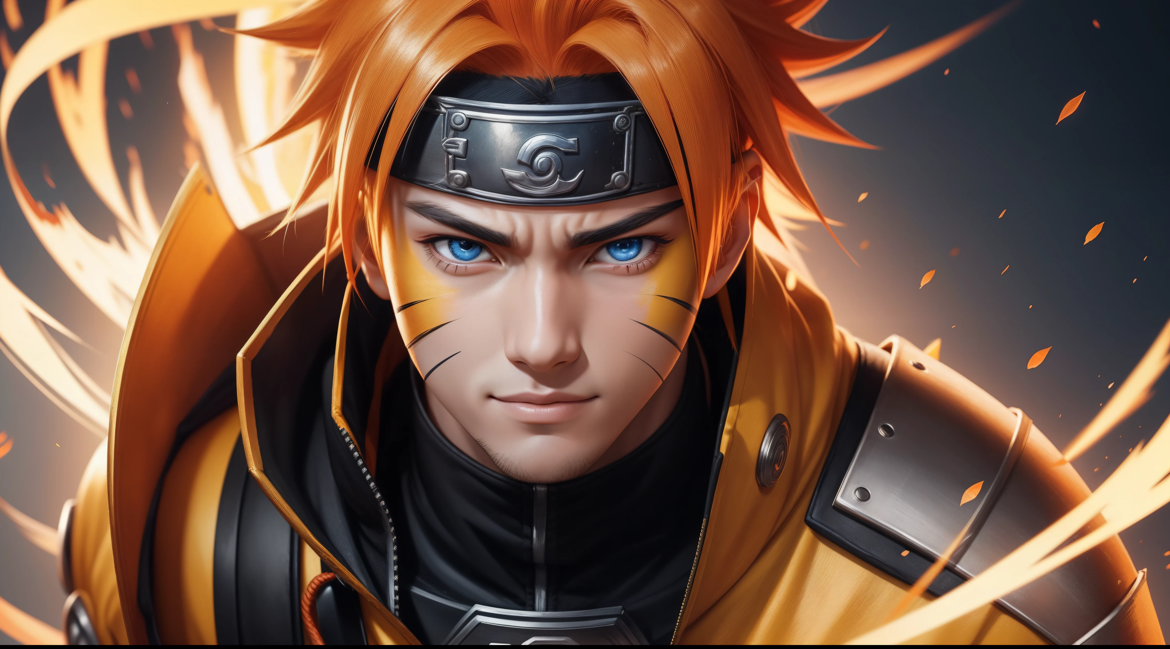 "Cheerful Naruto 20 years old is a real masterpiece with masculine beauty, perfect anatomy. Olpntng style, colorful rainbow, golden samurai outfit, clean design, epic Instagram, artstation, full streaks of paint, circles, contours. When you look at him Beautiful eyes you will clearly see every small detail and perfect line, every detail on the skin is beautiful in 8K quality everyone. We will be captivated by the confidence radiating from every look. His head has orange hair and his face is meticulously drawn in every detail with 8K image quality."
