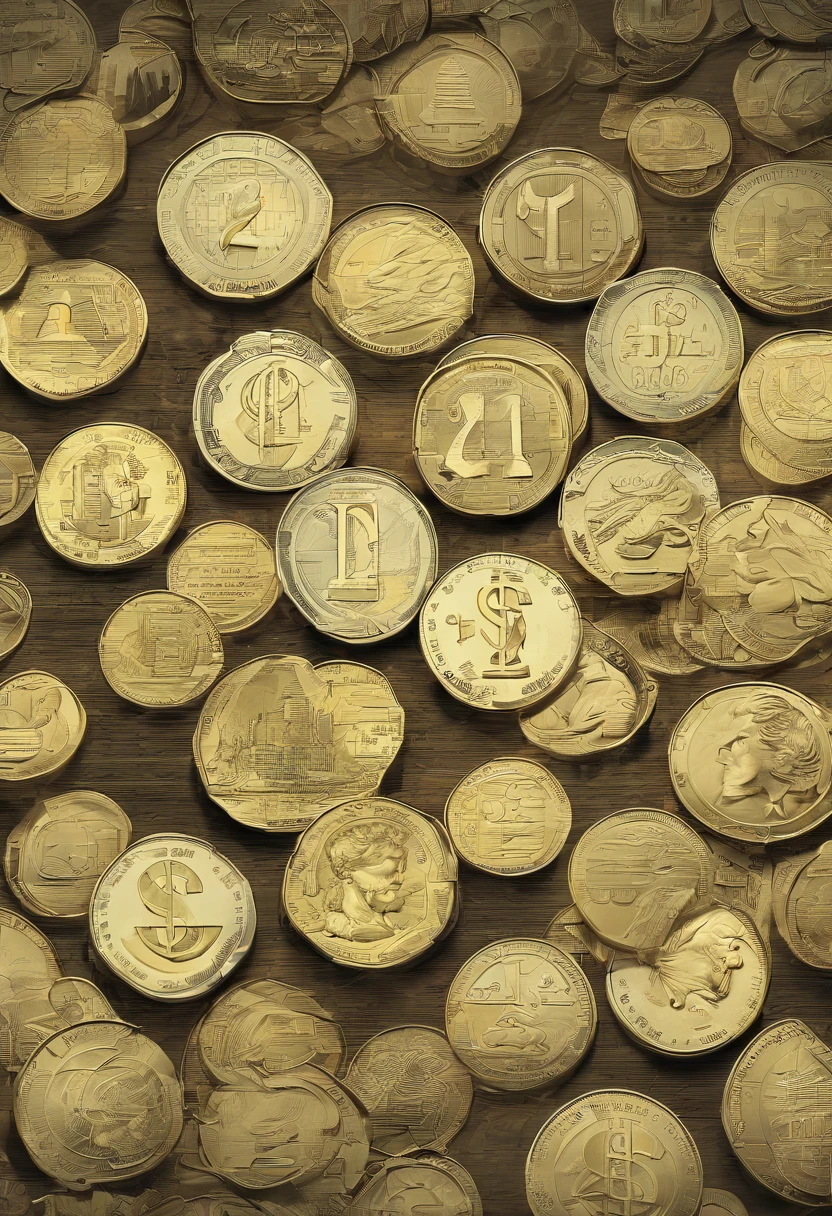 A large magnet attracting only small gold coins and small dollar bills to its magnetic tip., UHD, masterpiece, ccurate, anatomically correct, anatomically correct, super detail, high quality, highres, best quality, 4K