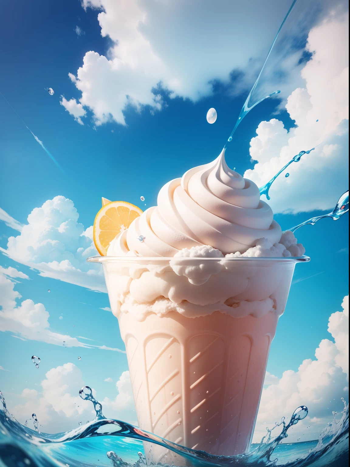 gogo，icecream，the fruits，ice cubes，Splashing water，with blue sky and white clouds