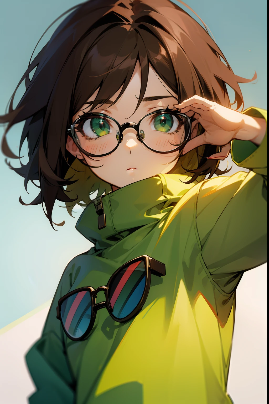 Anime Girl Dark Brown Hair Green Eyes with Glasses and Sweatshirt