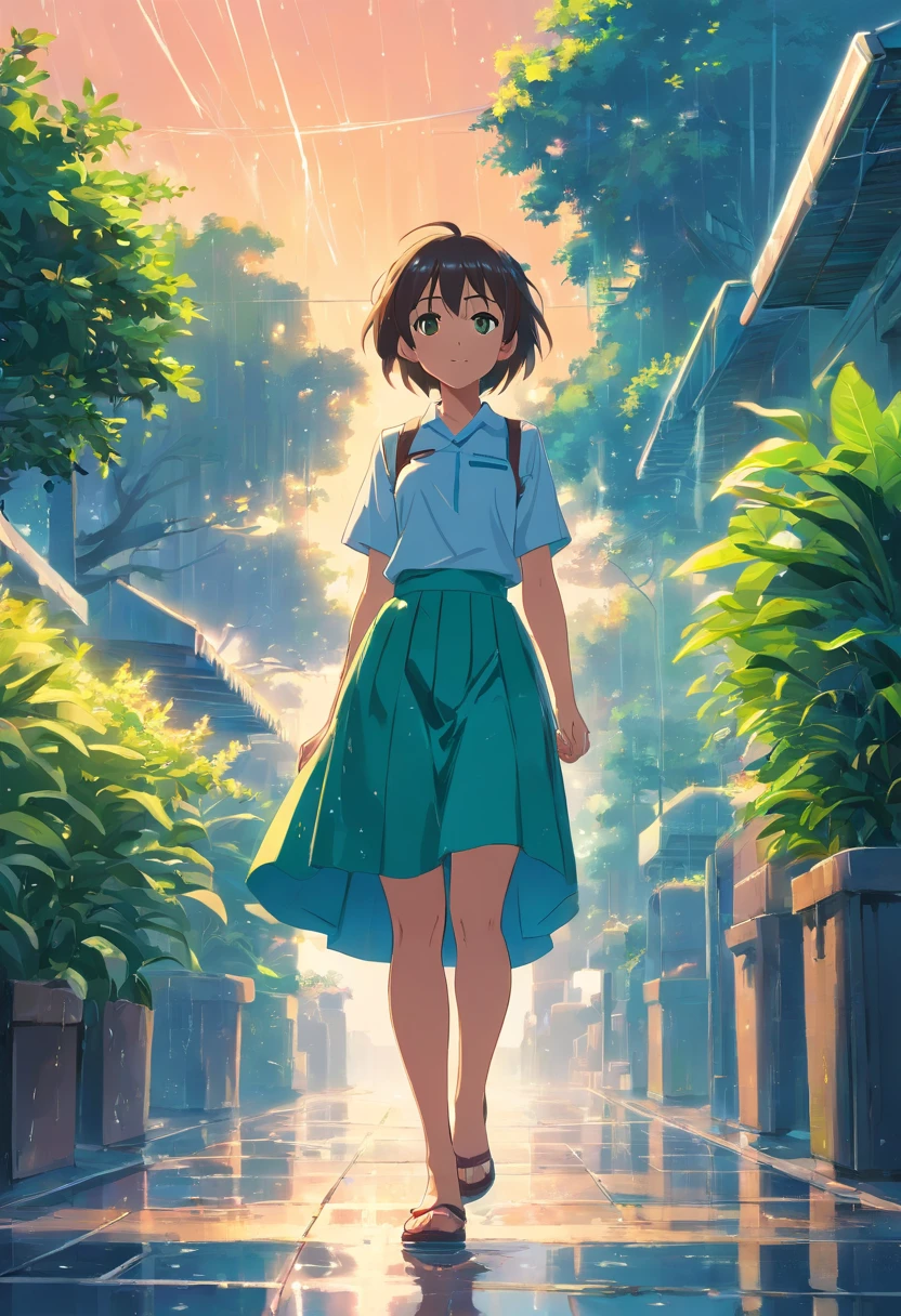 Sky after rain,A plant,Kizi,cheerfulness,long skirt