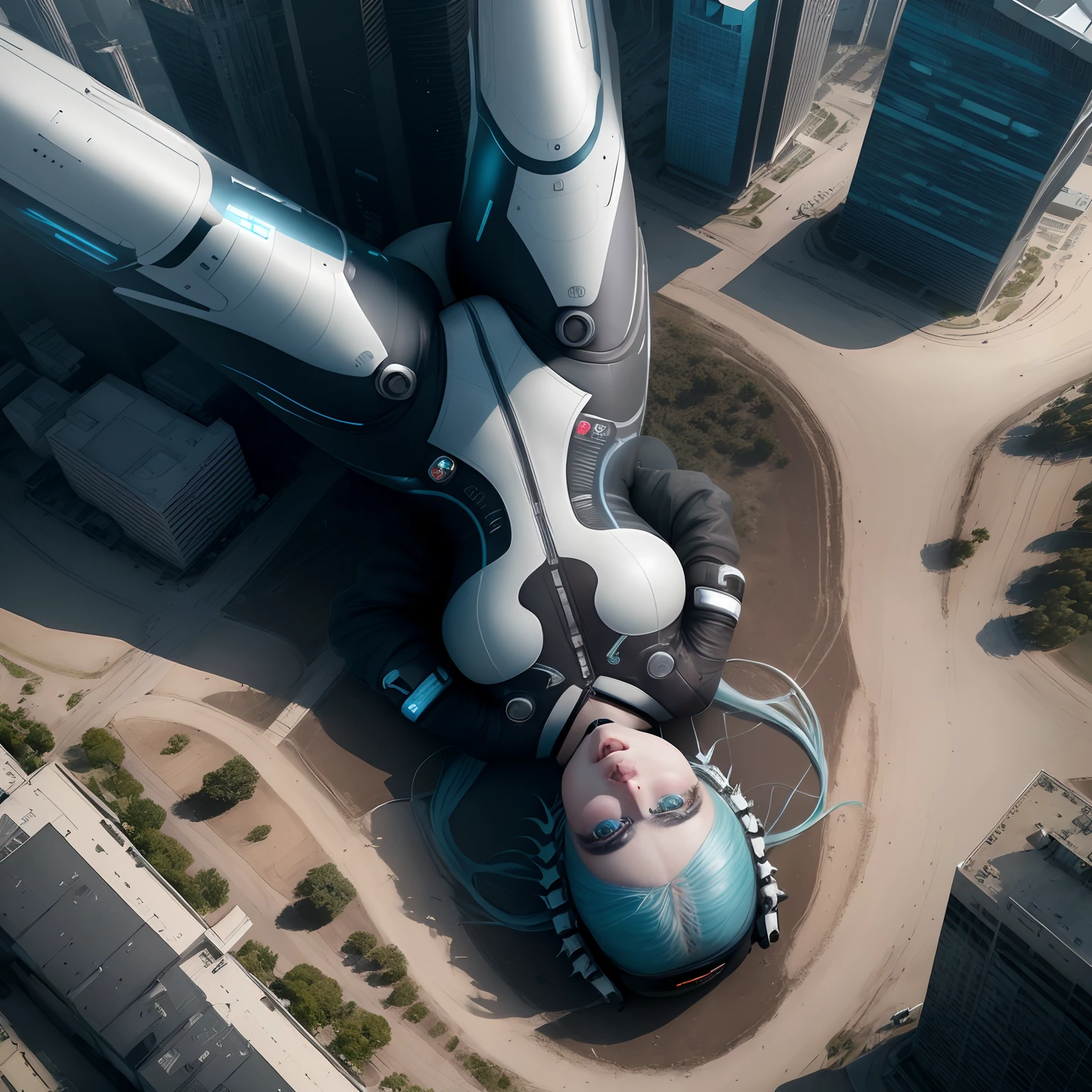 foto extremamente detalhada (Aerial view), dynamics,Billie eilish , Futuristic, bodysuit Cyberpunk, 8k UHD, Fotografia RAW, modelo photoshoot, pele detalhada,
