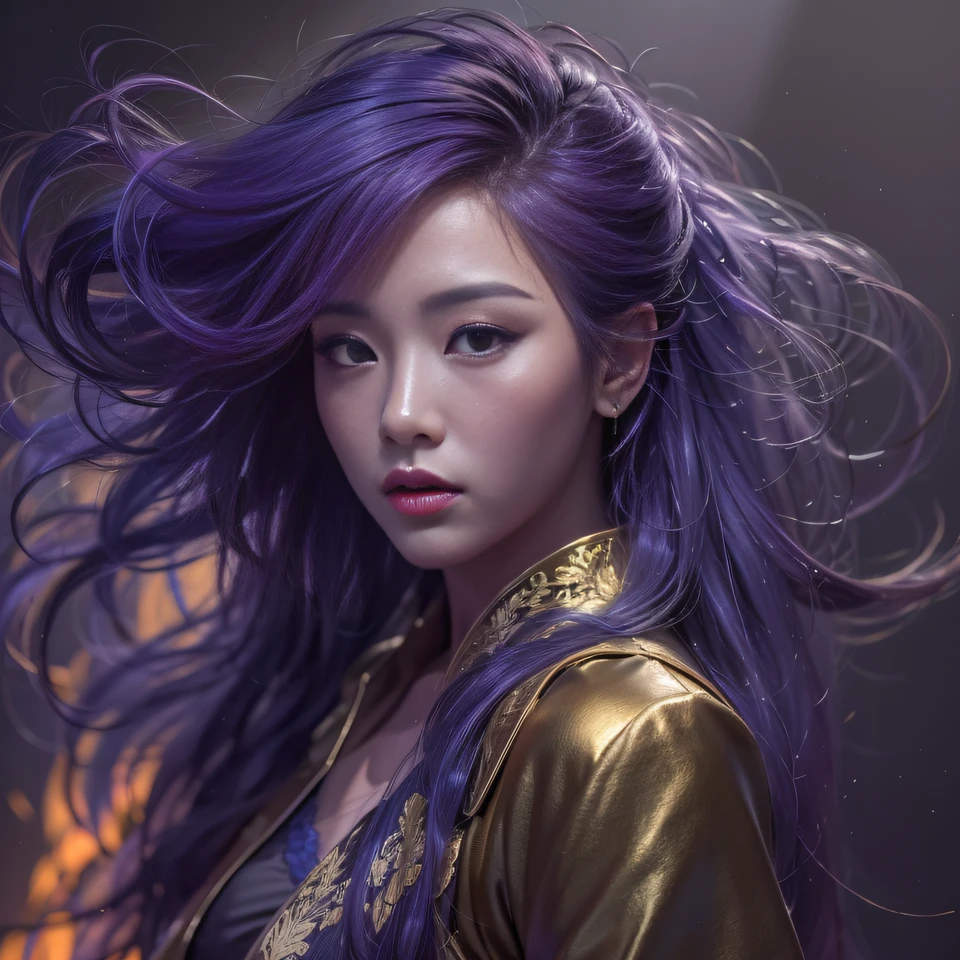 32K(tmasterpiece,k hd,hyper HD,32K)Long flowing bright purple hair,Autumn Pond,zydink, a color, Asian people (Kizi), (Red scarf), Combat posture, looking at the ground, long whitr hair, Floating bright purple, Fire cloud pattern gold tiara, Chinese long-sleeved gold silk garment, (abstract ink splash:1.2), white backgrounid,Lotus protector(realisticlying:1.4),Bright purple hair,Smoke on the road,The background is pure, A high resolution, the detail, RAW photogr, Sharp Re, Nikon D850 Film Stock Photo by Jefferies Lee 4 Kodak Portra 400 Camera F1.6 shots, Rich colors, ultra-realistic vivid textures, Dramatic lighting, Unreal Engine Art Station Trend, cinestir 800,Long flowing bright purple hair