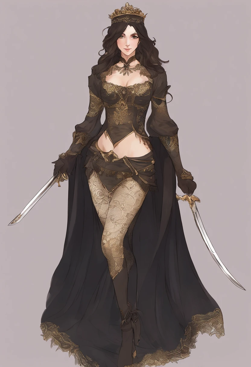 A Condessa, um personagem do jogo Paragon, She is a woman with a haughty and seductive appearance. She has pale, Almost translucent skin, dando-lhe um ar misterioso. Her long dark hair comes down to her shoulders, destacando ainda mais seu olhar penetrante e expressivo. His delicate face has angular features and a well-defined jaw, enhancing your strong and determined personality. Her lips are thin, mas sempre pintado com um batom vermelho intenso, which contrasts with her pale skin.Countess has a curvilinear figure with an average height. Ela usa um elegante vestido preto, que se encaixa em seu corpo, destacando sua figura. O vestido tem detalhes de renda nas mangas e bordas inferiores, trazendo um toque de sensualidade para o seu look. She wears long gloves up to her elbows, also in black, that add a touch of mystery and elegance to your look. standingn, ela usa botas de salto alto, which gives it an even more imposing posture