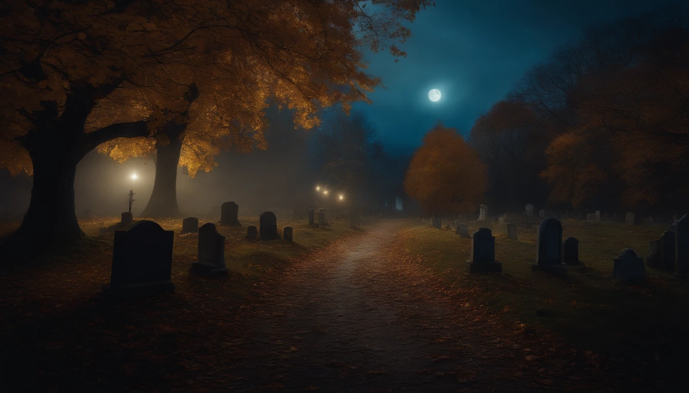 realistic, spooky graveyard, blue moonlight , autumn, old trees, paths, old buildings