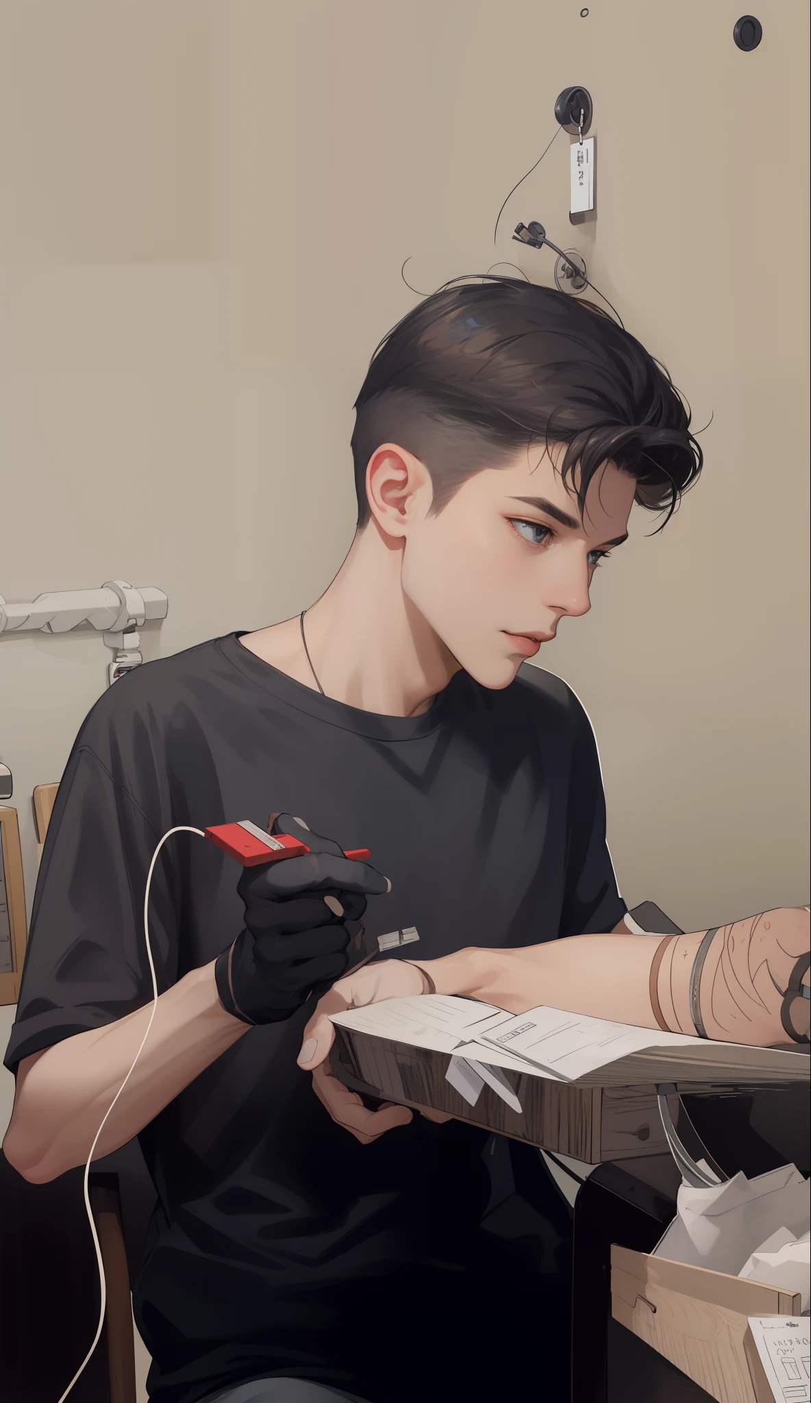(absurdres, highres, ultra detailed), 1 male, mature, manly, tall muscular, handsome, finely detailed eyes, intricate details, portrait, looking at viewer, solo, half shot, detailed background, detailed face, (1980s synthwave theme:1.1) high-tech futuristic hacker, smirk, advanced technology, hoodie, techwear, wearable device, keycard, cables, (holographic display:1.05), computer, password, control panel in background, blue lights, dark sinister atmosphere, shadows, arafed man sitting at a table with a tattoo on his arm, tattoo artist, inking, traditional ink, inking on skin, very detailed feel, semi realism, whole tattoo, tattoo, thick line ink, intense line work, strong line work, detailed line work, hyper-realistic tattoo, detailed and sharp, super intricate realism, ultra - realistic and intricate