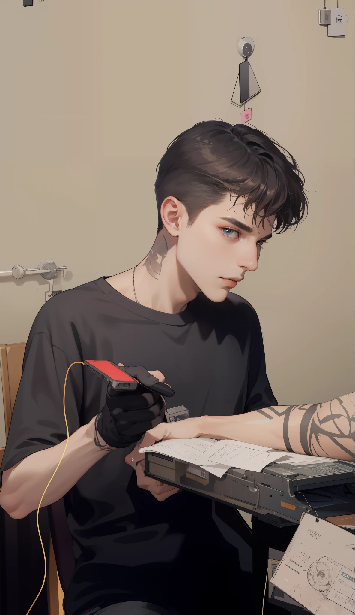 (absurdres, highres, ultra detailed), 1 male, mature, manly, tall muscular, handsome, finely detailed eyes, intricate details, portrait, looking at viewer, solo, half shot, detailed background, detailed face, (1980s synthwave theme:1.1) high-tech futuristic hacker, smirk, advanced technology, hoodie, techwear, wearable device, keycard, cables, (holographic display:1.05), computer, password, control panel in background, blue lights, dark sinister atmosphere, shadows, arafed man sitting at a table with a tattoo on his arm, tattoo artist, inking, traditional ink, inking on skin, very detailed feel, semi realism, whole tattoo, tattoo, thick line ink, intense line work, strong line work, detailed line work, hyper-realistic tattoo, detailed and sharp, super intricate realism, ultra - realistic and intricate