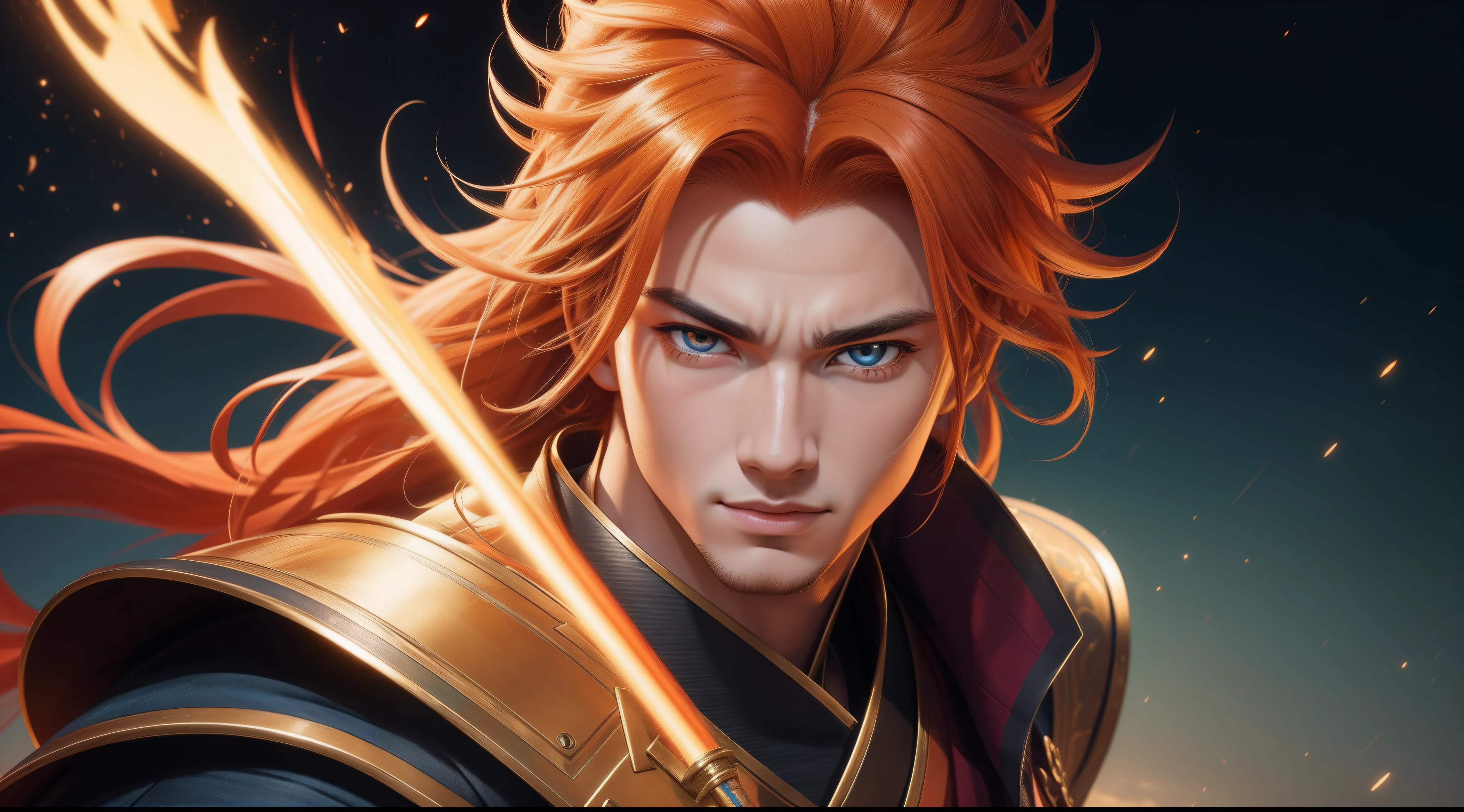 "Cheerful Madara 20 years old is a real masterpiece with masculine beauty, perfect anatomy. Olpntng style, colorful rainbow, golden samurai outfit, clean design, epic Instagram, artstation, full streaks of paint, circles, contours. When you look at him Beautiful eyes you will clearly see every small detail and perfect line, every detail on the skin is beautiful in 8K quality everyone. We will be captivated by the confidence radiating from every look. His head has orange hair and his face is meticulously drawn in every detail with 8K image quality."